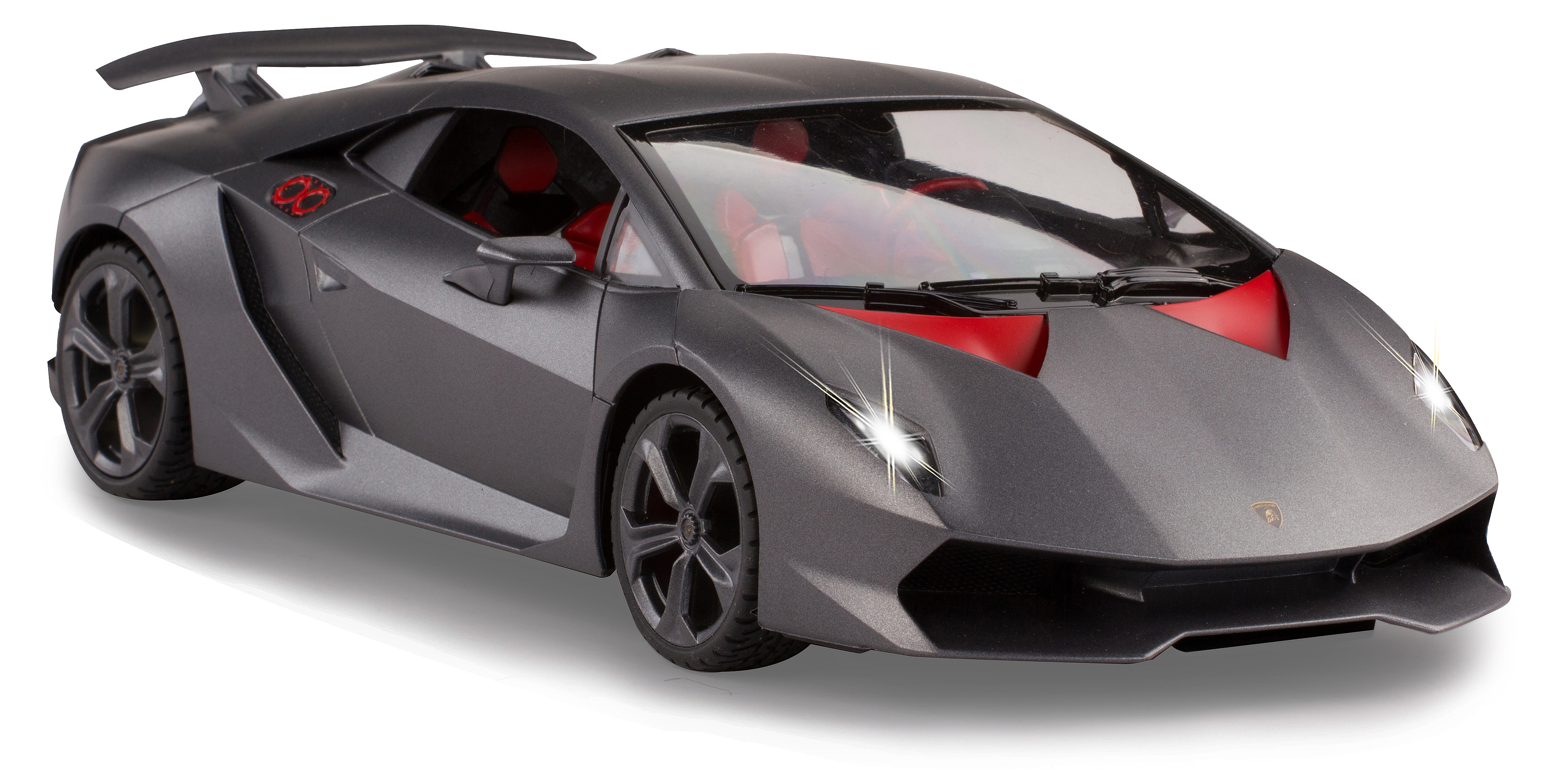 Graues Lamborghini Sian Modellauto mit rotem Innenraum und Akzenten, weißer Hintergrund. Scheinwerfer sind beleuchtet.