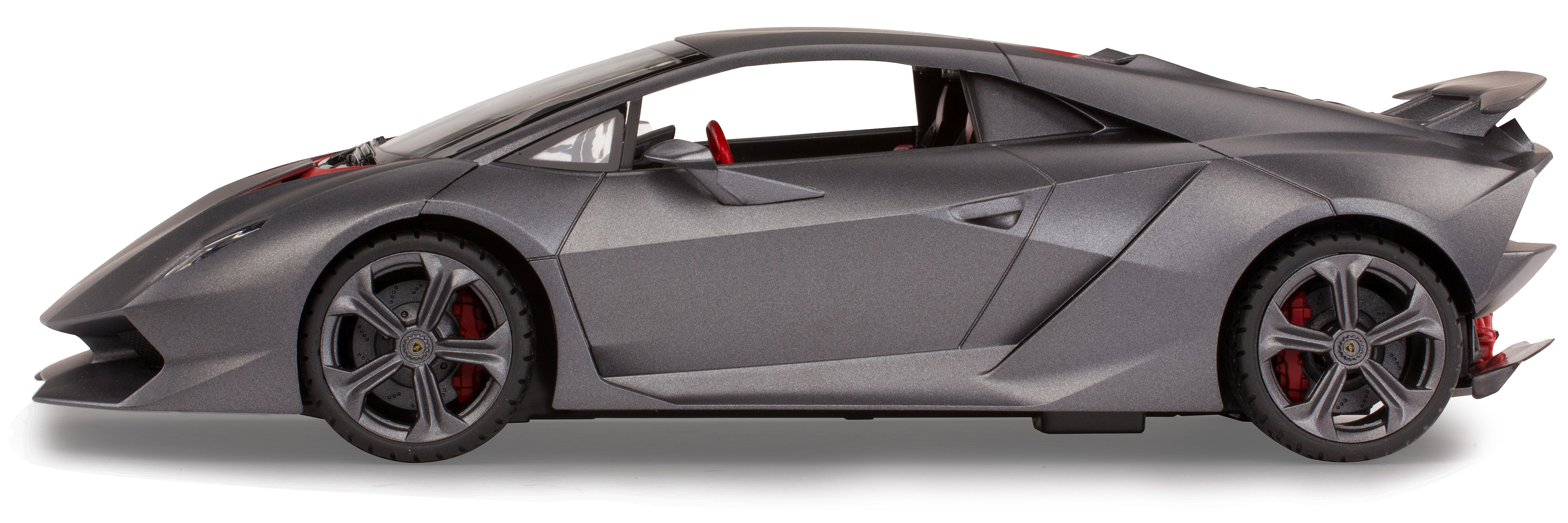 Graues Lamborghini Sian Modellauto, roter Innenraum und Akzente, weißer Hintergrund. Seitenansicht, mit Scheinwerfern.