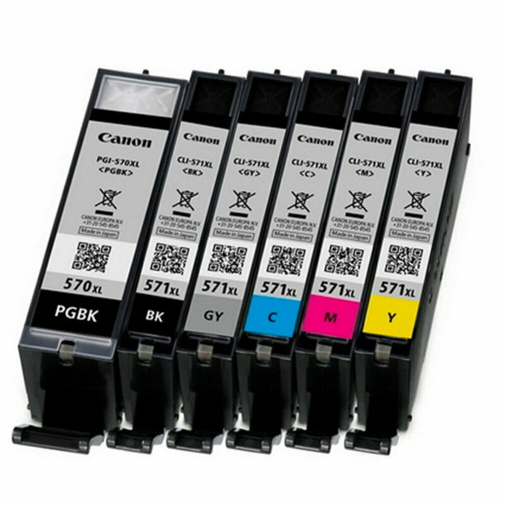 Set di sei cartucce d'inchiostro Canon in nero, ciano, magenta, giallo, grigio e nero. Tutti sono etichettati con il marchio Canon.