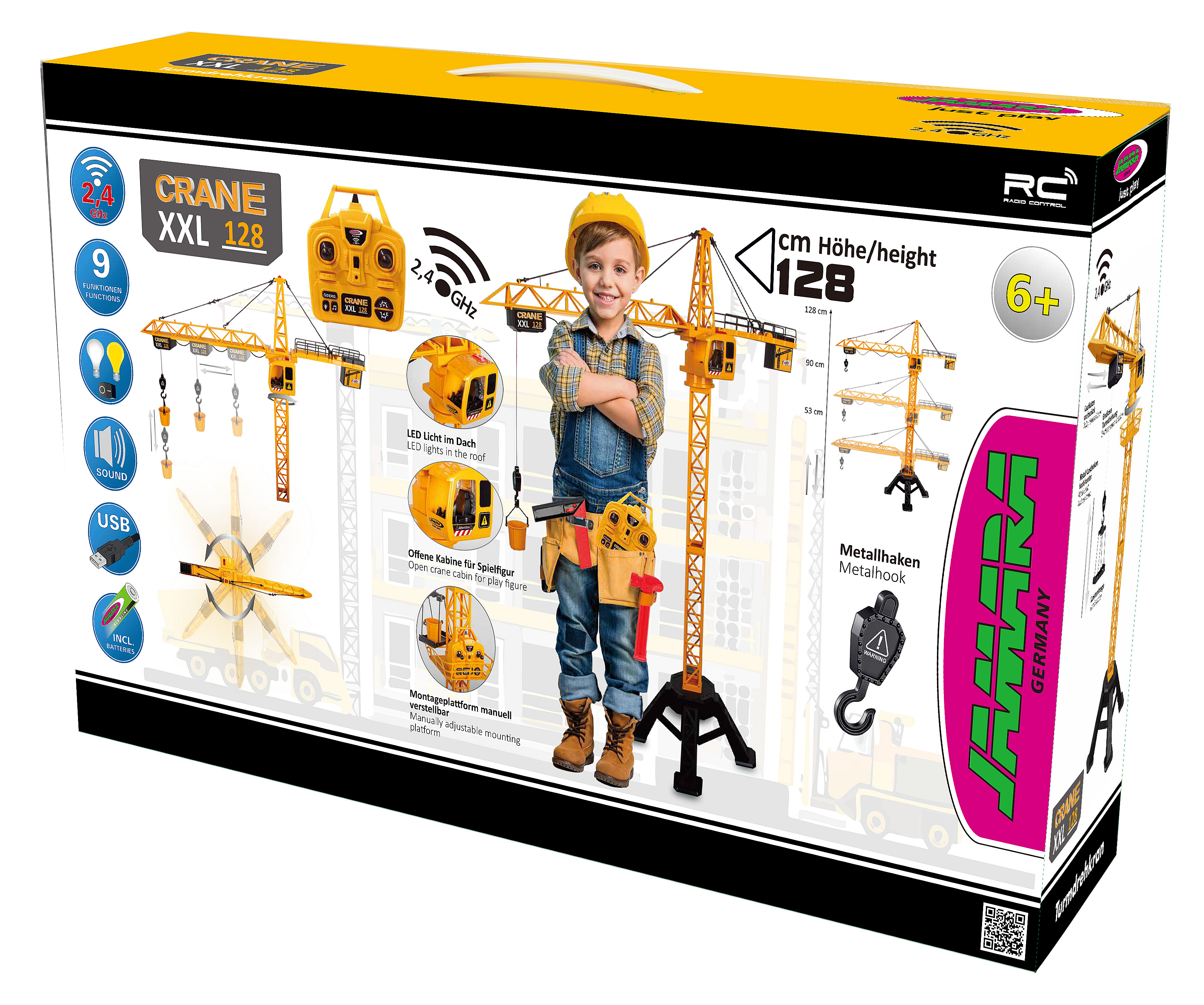 Verpackter Spielzeugkran mit einer Jungen-Grafik. Die Box zeigt den Kran, die Fernbedienung und weitere Merkmale.