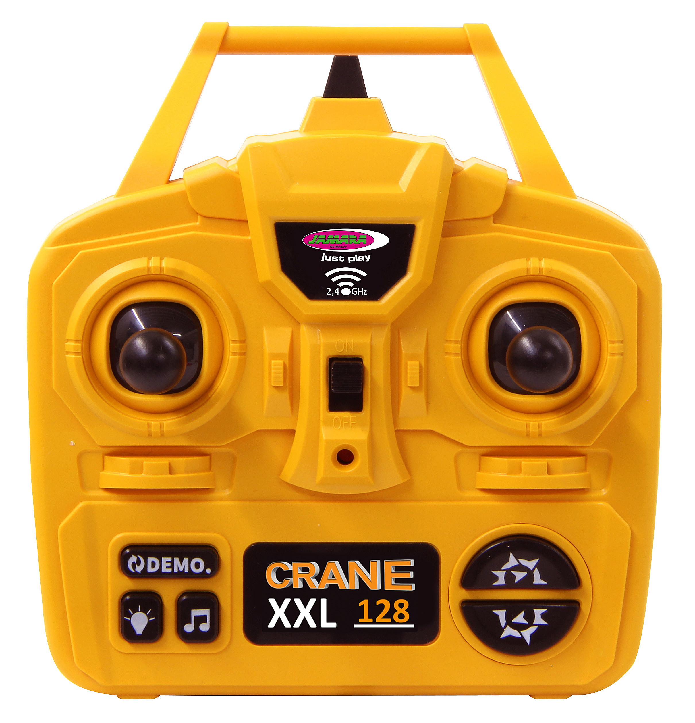 Eine gelbe Fernbedienung mit schwarzen Knöpfen und dem Schriftzug "Crane XXL 128" wird auf Weiß gezeigt.