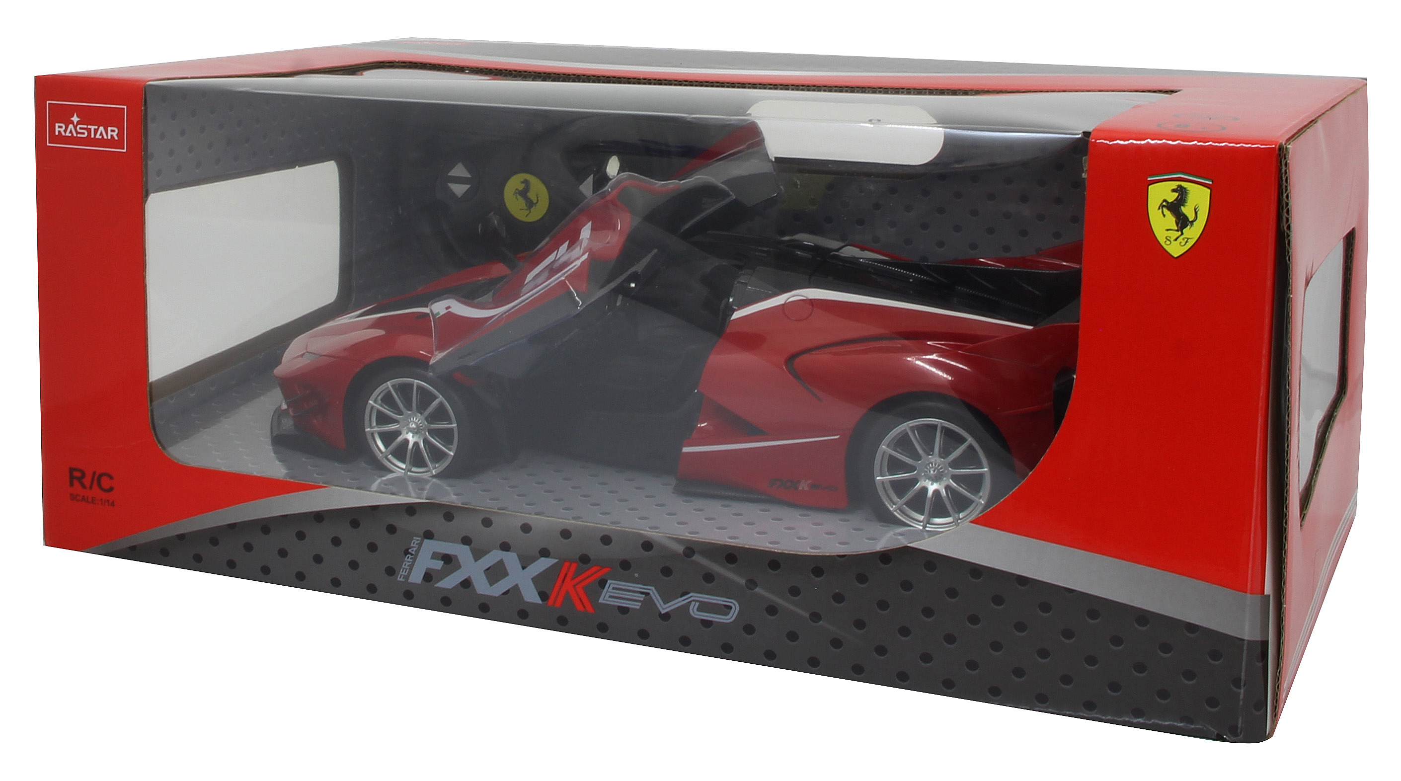Spielzeugauto in einer Box. Rotes Auto in einer transparenten Displaybox. Die Box hat Ferrari-Markenzeichen.
