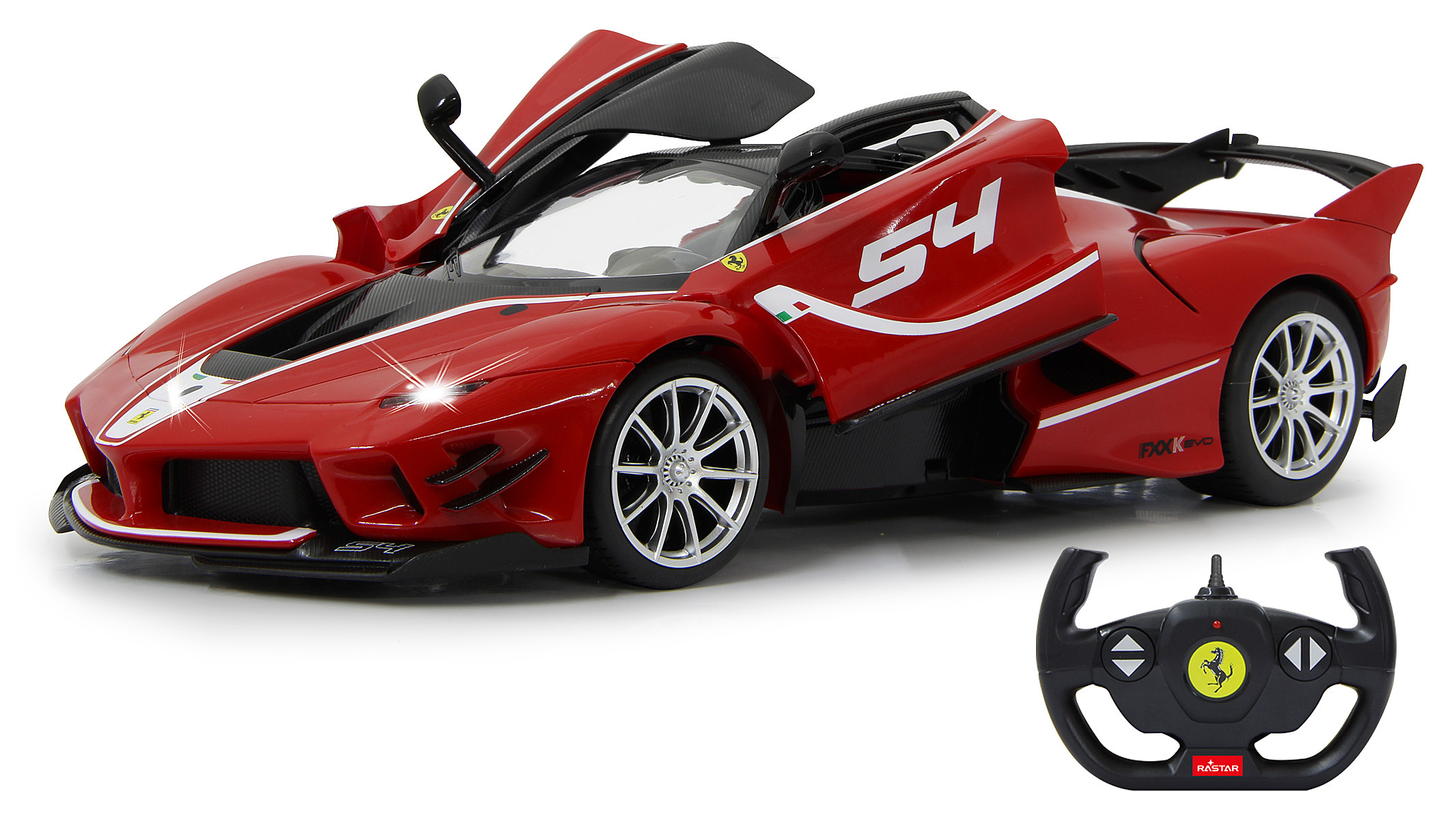 Rotes Spielzeug-Rennauto, Türen offen. Verfügt über einen weißen Streifen und die Nummer 54. Kommt mit einer Fernbedienung.