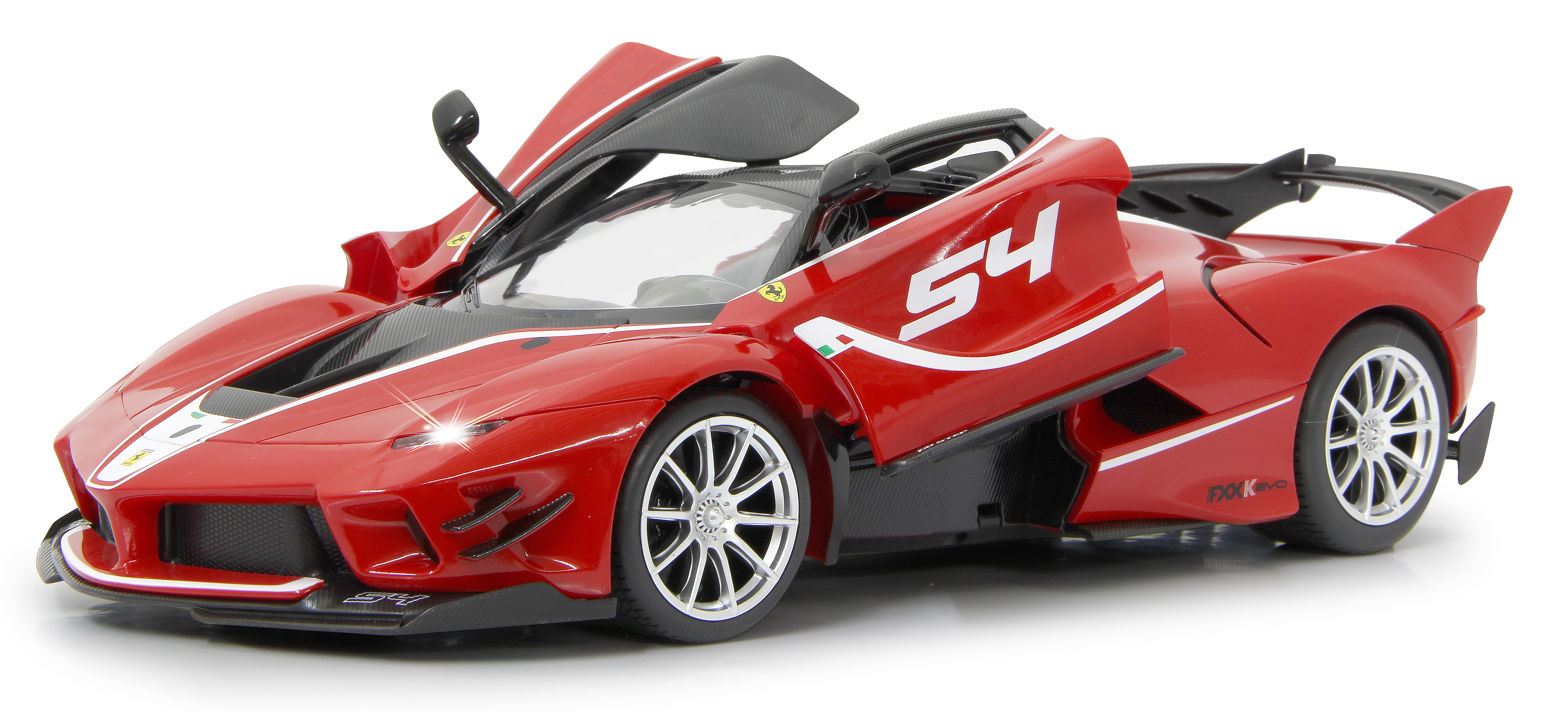 Rotes Spielzeugauto mit geöffneten Türen und Rennstreifen, eine Rückansicht. Weißer Hintergrund.
