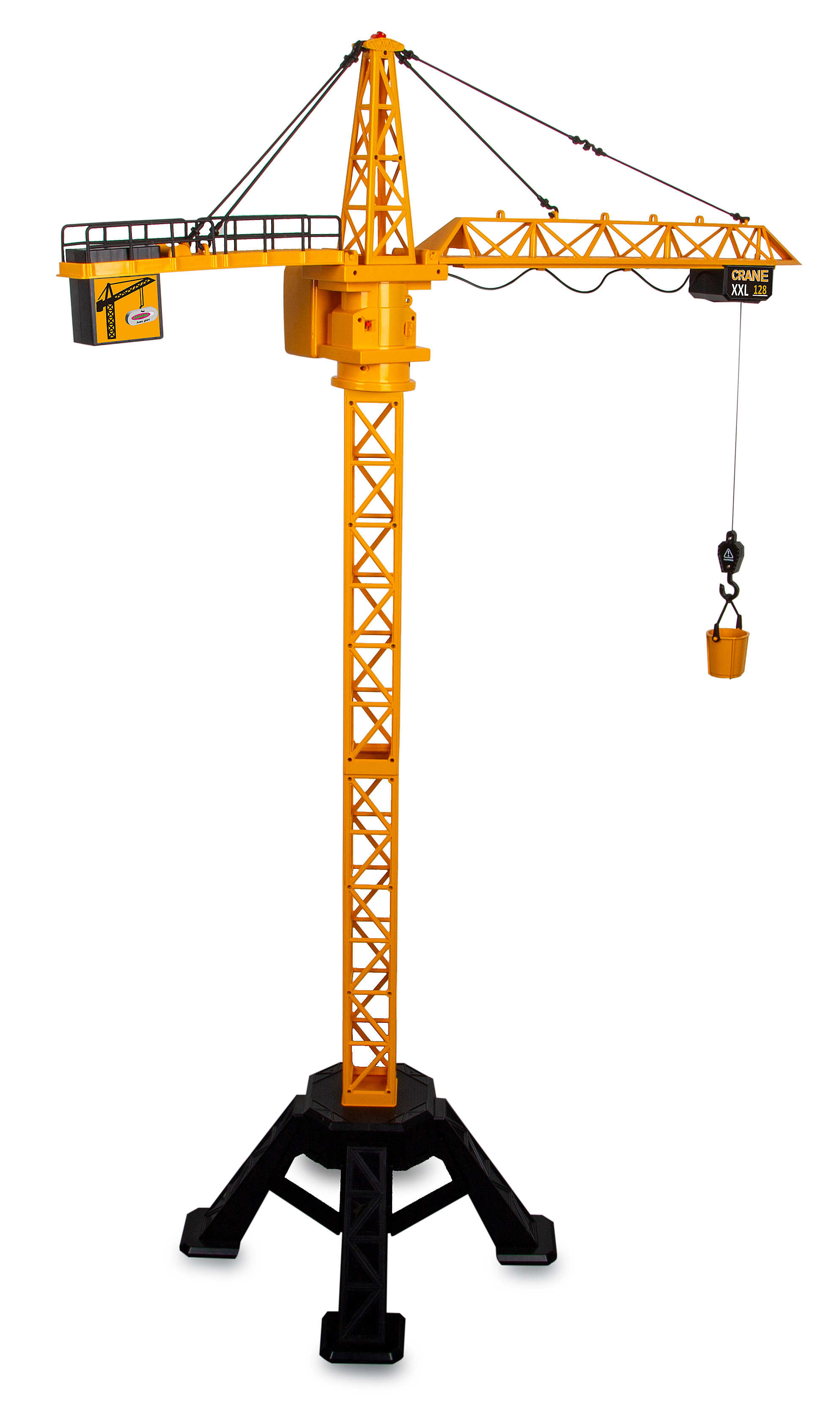 Gelber Spielzeugkran mit schwarzem Sockel und einem Eimer, der am Kranarm hängt. Weißer Hintergrund.