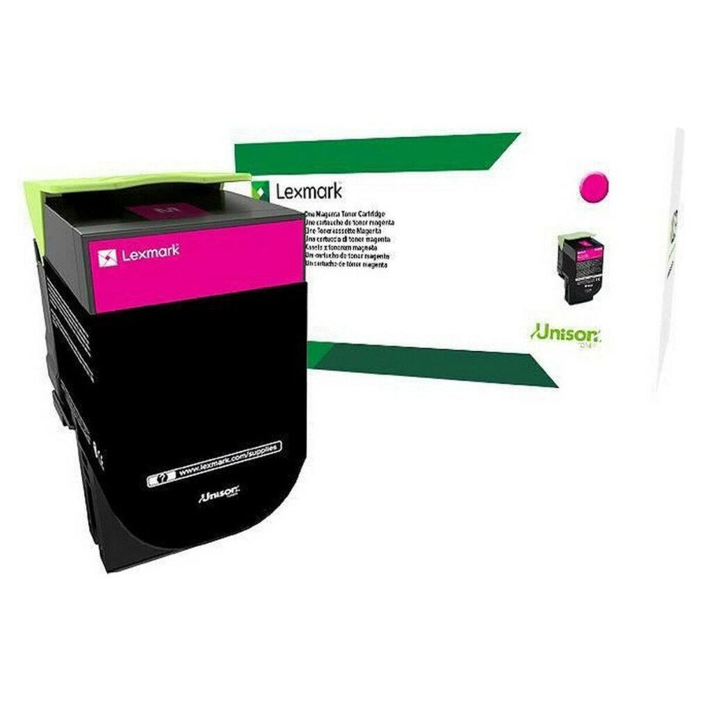 Kaseta z tonerem magenta Lexmark i pudełko. Pudełko wyświetla obraz kasety.