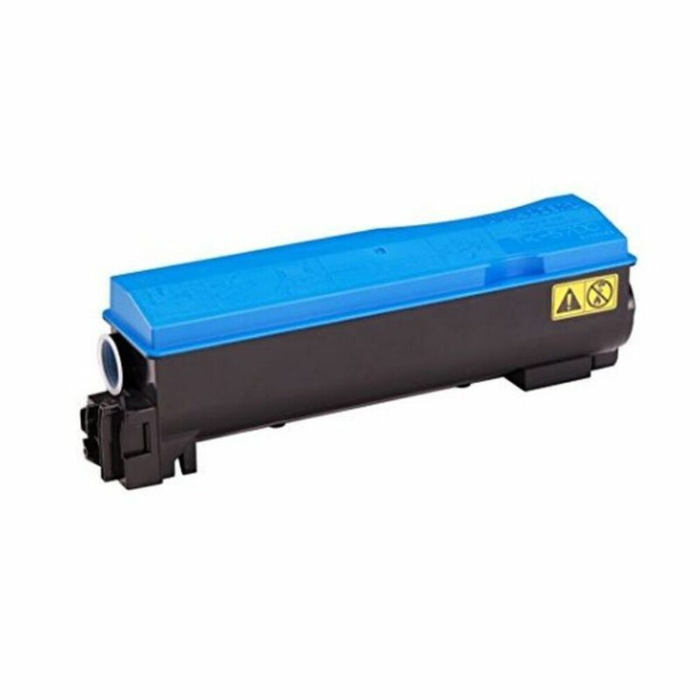 Een zwart-blauwe tonercartridge met een geel waarschuwingslabel wordt getoond op een witte achtergrond.