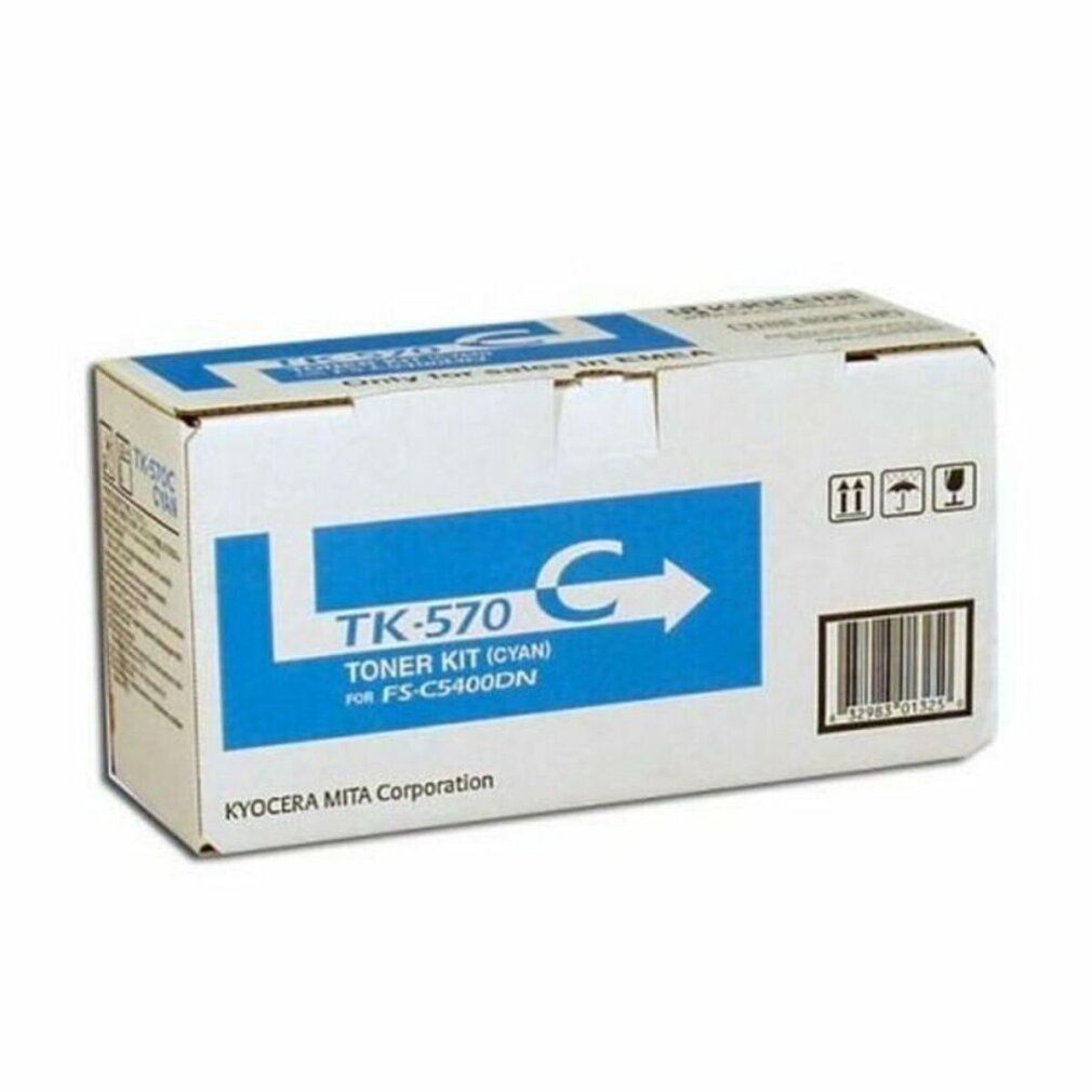 Een witte kartonnen doos met cyaankleurige tekst met informatie over de tonercartridge wordt in een hoek getoond.