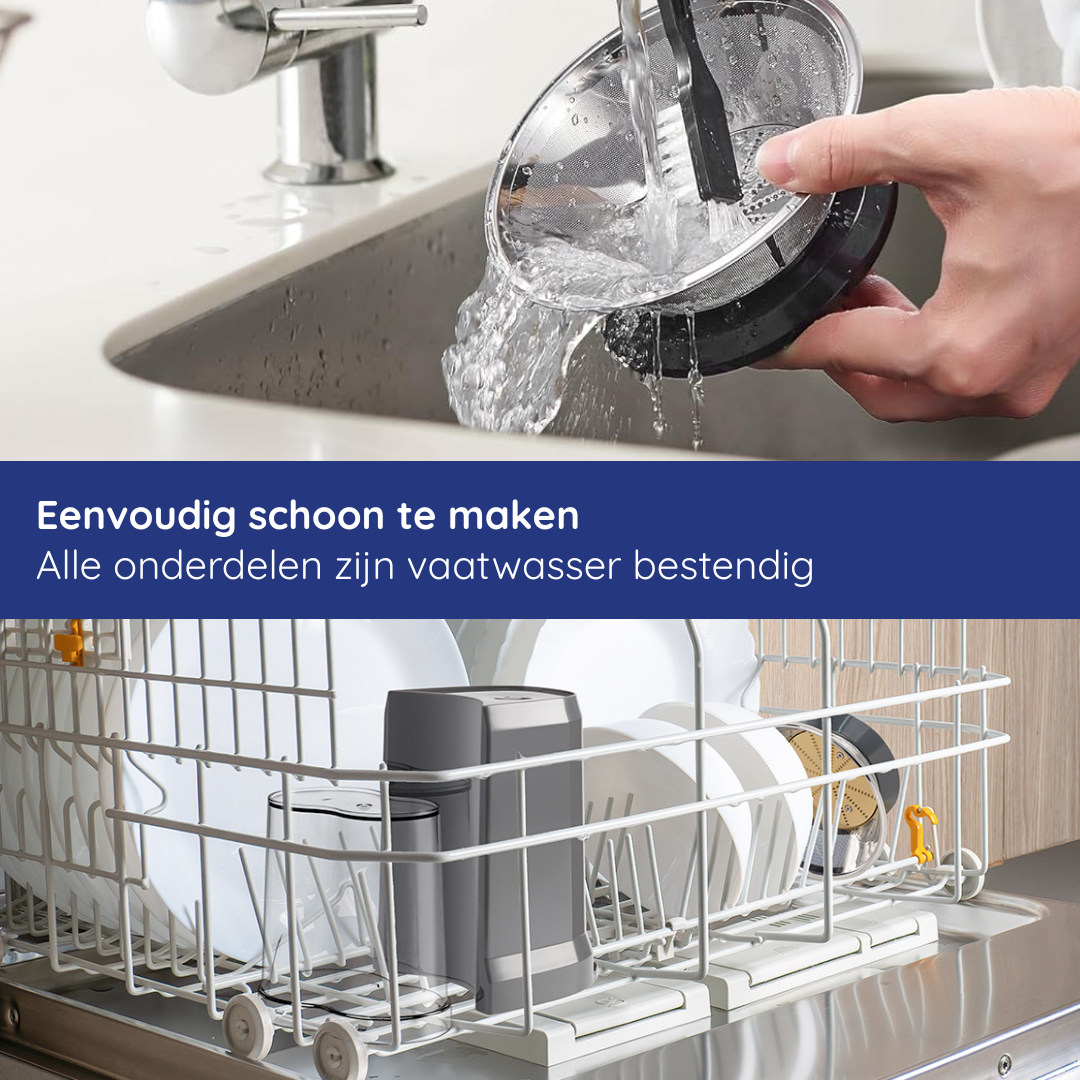 A person cleaning a juicer part under a faucet. A dishwasher rack is loaded with white plates and juicer parts.