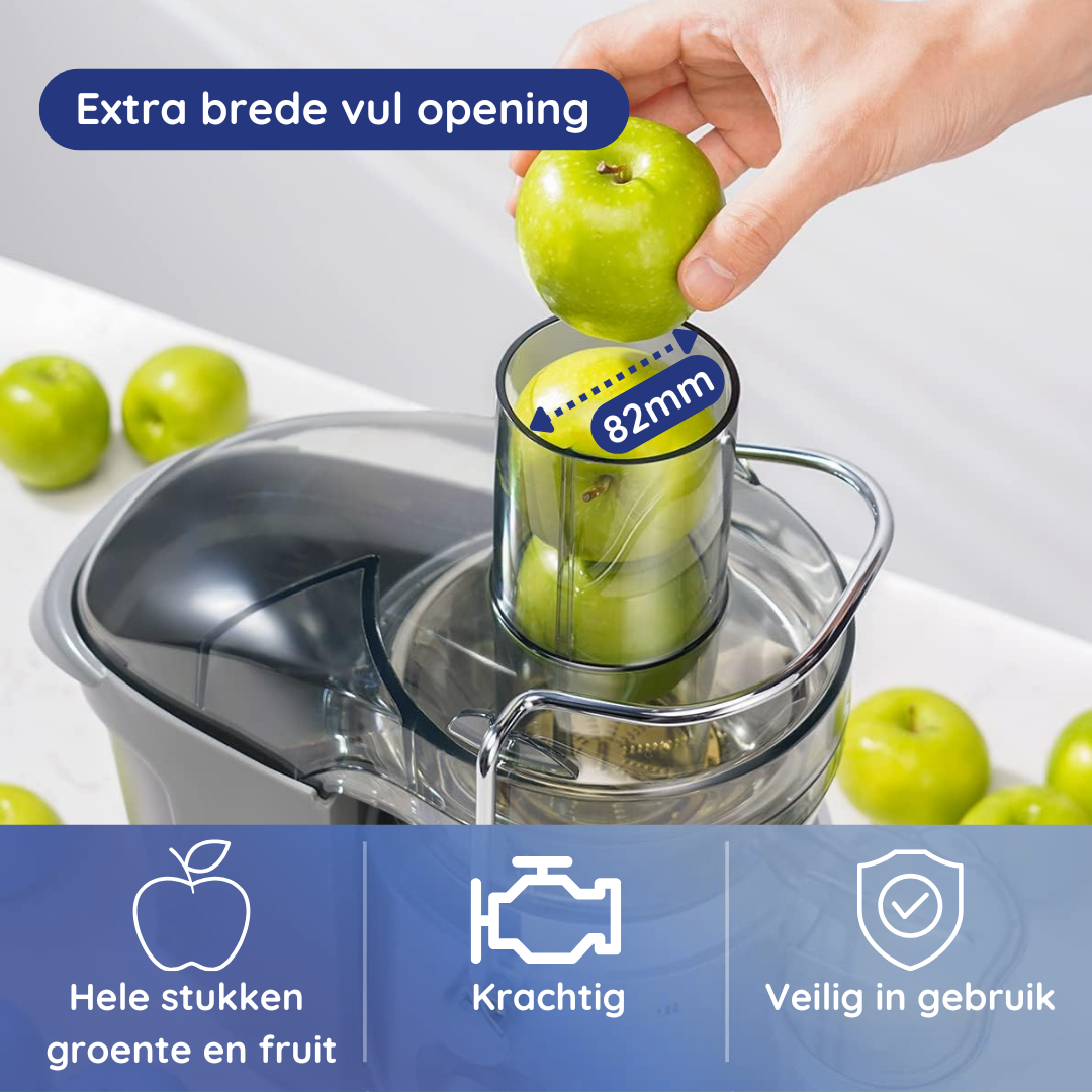 A person inserting an apple into the juicer's opening. Text labels highlight features like the wide opening and safe use.