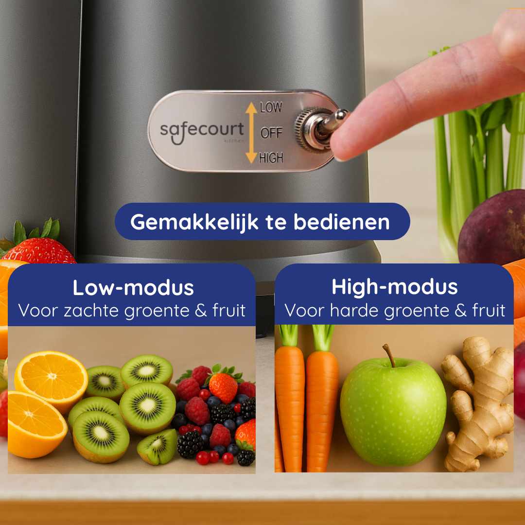 A close-up of a juicer showing the control panel with low and high modes. Fruits and vegetables are displayed around it.