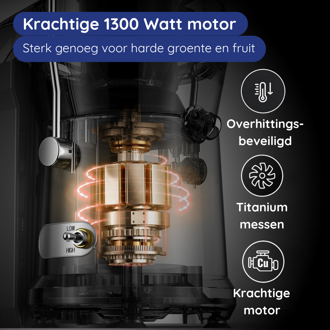 Close-up of a juicer's motor and internal components. Text labels highlight features like overheating protection.