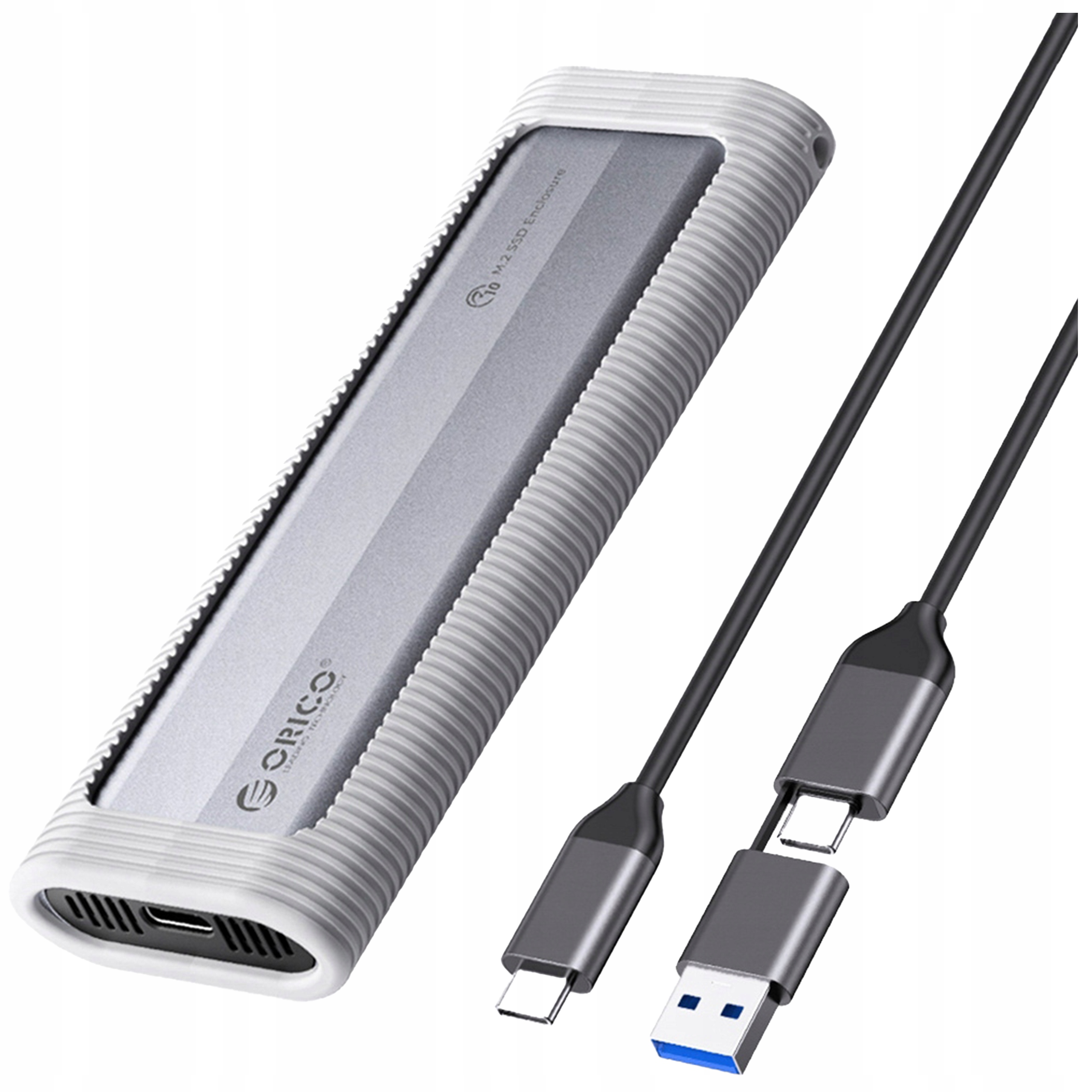 Zewnętrzna obudowa SSD z kablem USB-C i USB-A. Obudowa jest biało-szara.