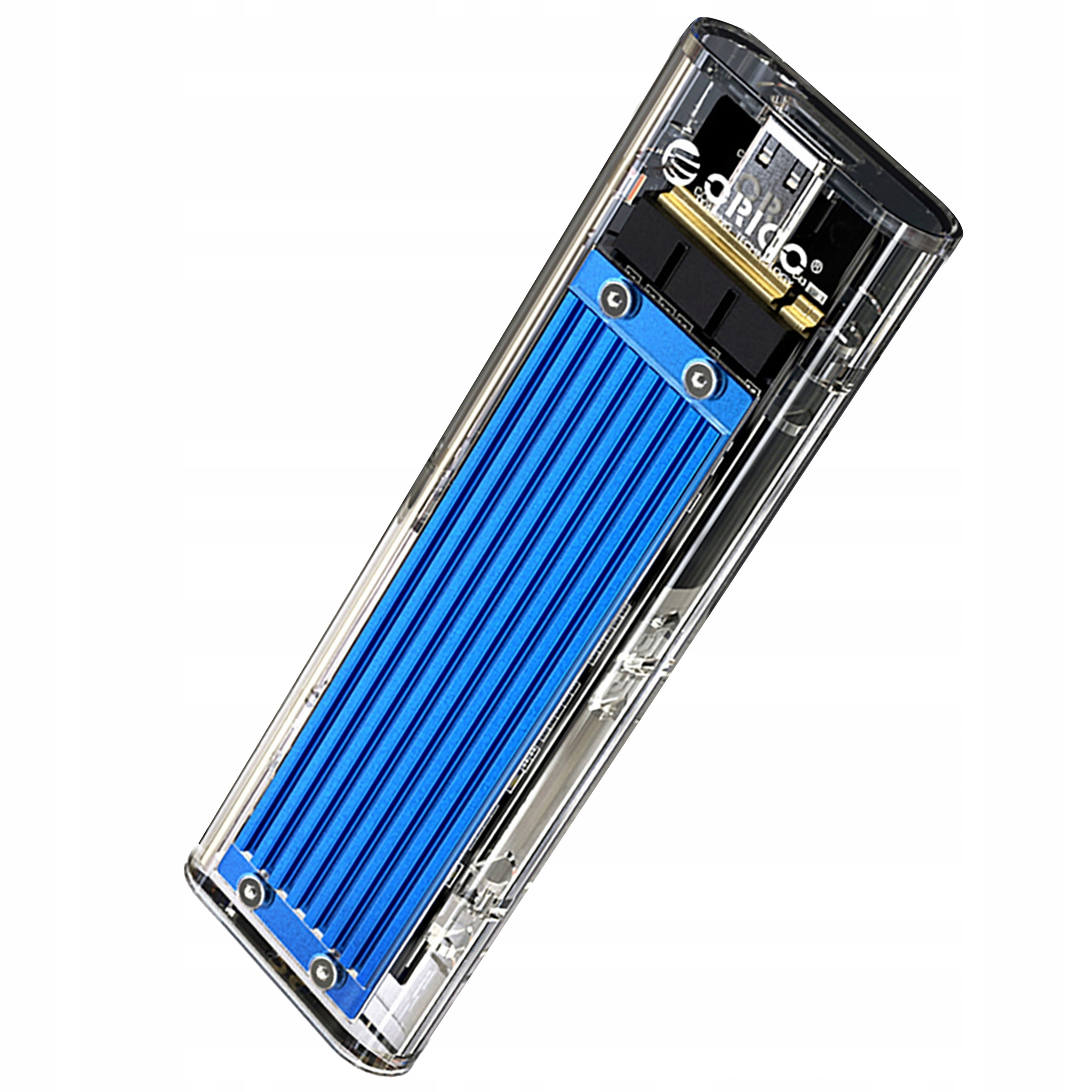 Przezroczysta obudowa z niebieskim metalowym elementem. Widok z boku.