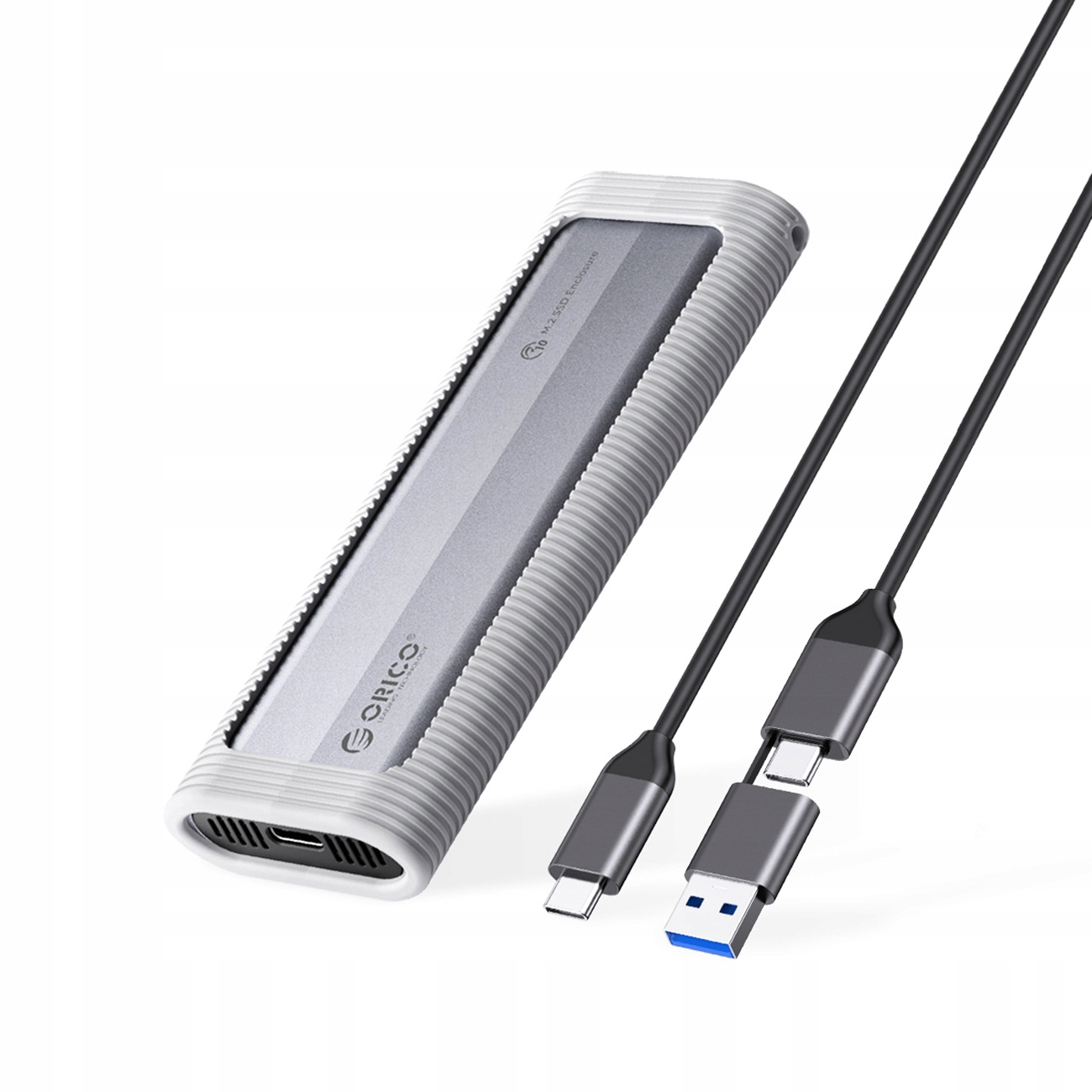 Zewnętrzna obudowa SSD z kablami USB-C i USB-A. Obudowa jest srebrna i biała.