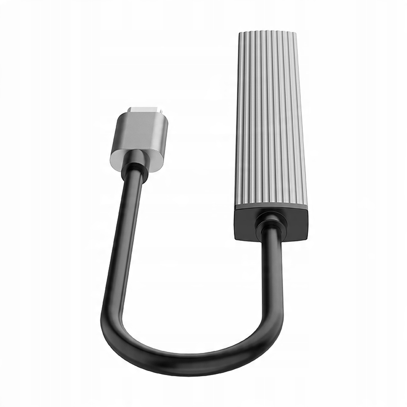 Srebrny adapter z czarnym kablem i złączem USB-C. Pionowy obraz.