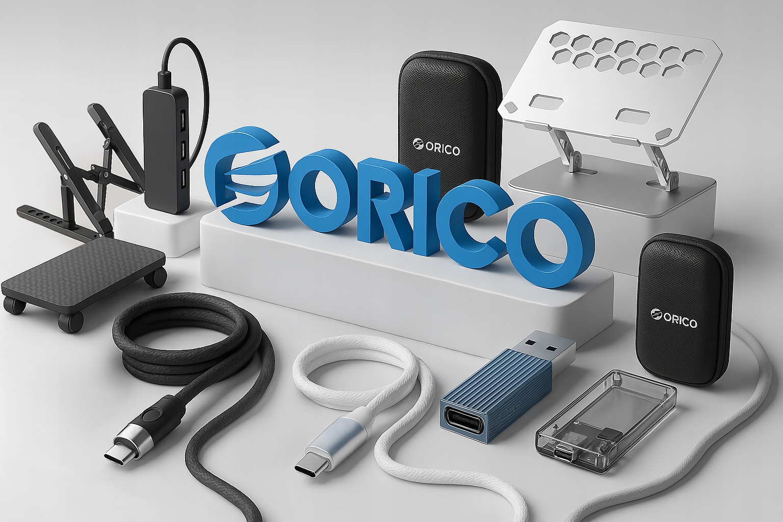 Różne akcesoria technologiczne, w tym kable, adaptery i podstawka pod laptopa, na białej powierzchni.