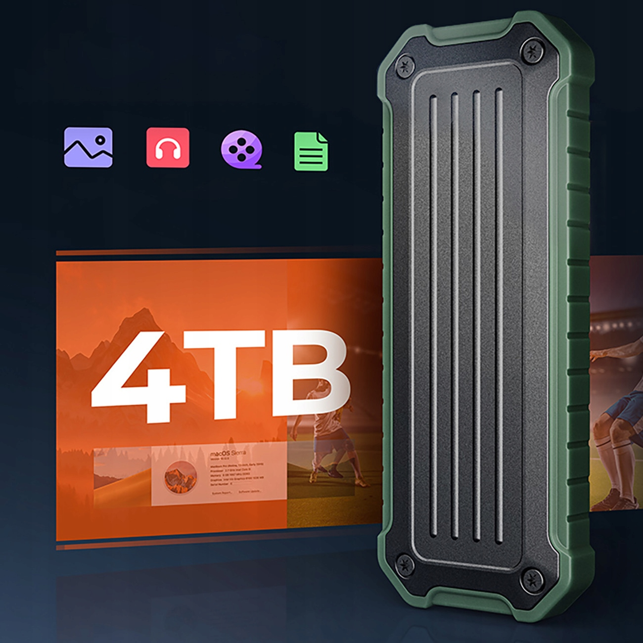 Zielony zewnętrzny dysk twardy z 4TB na ekranie. Ikony dla zdjęć, muzyki, wideo i dokumentów.