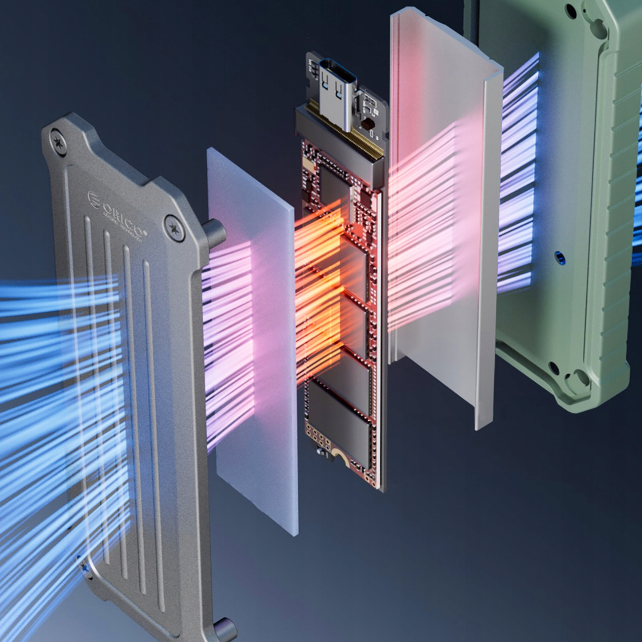 Widok rozstrzelony urządzenia. Komponenty obejmują płytkę drukowaną, czerwony radiator i zieloną obudowę.