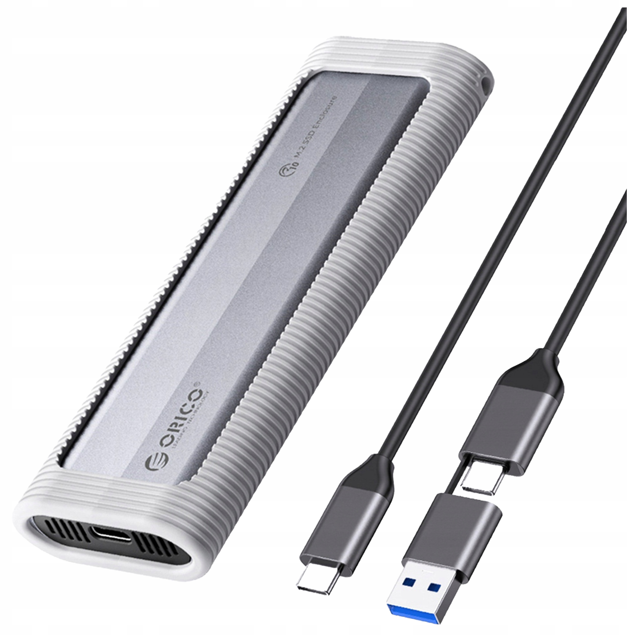 Urządzenie znajduje się w białej obudowie. Kable są podłączone do portu USB i portu USB-C.