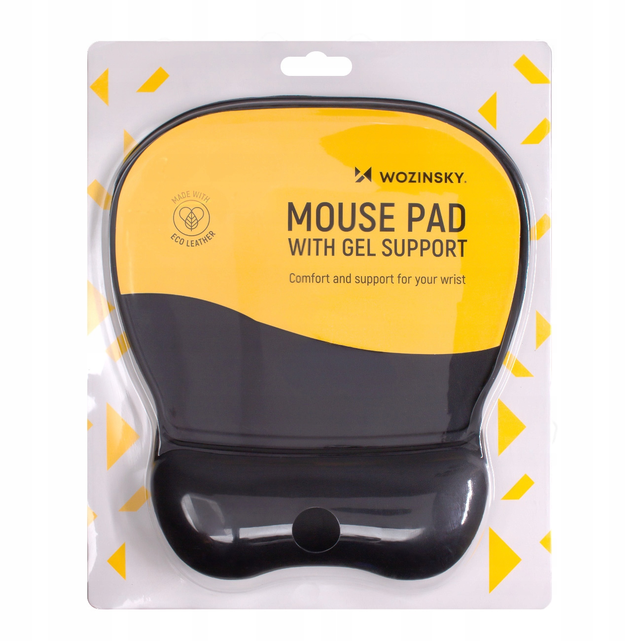 Podkładka pod mysz z żelem, kolor żółty i czarny. Białe tło.
