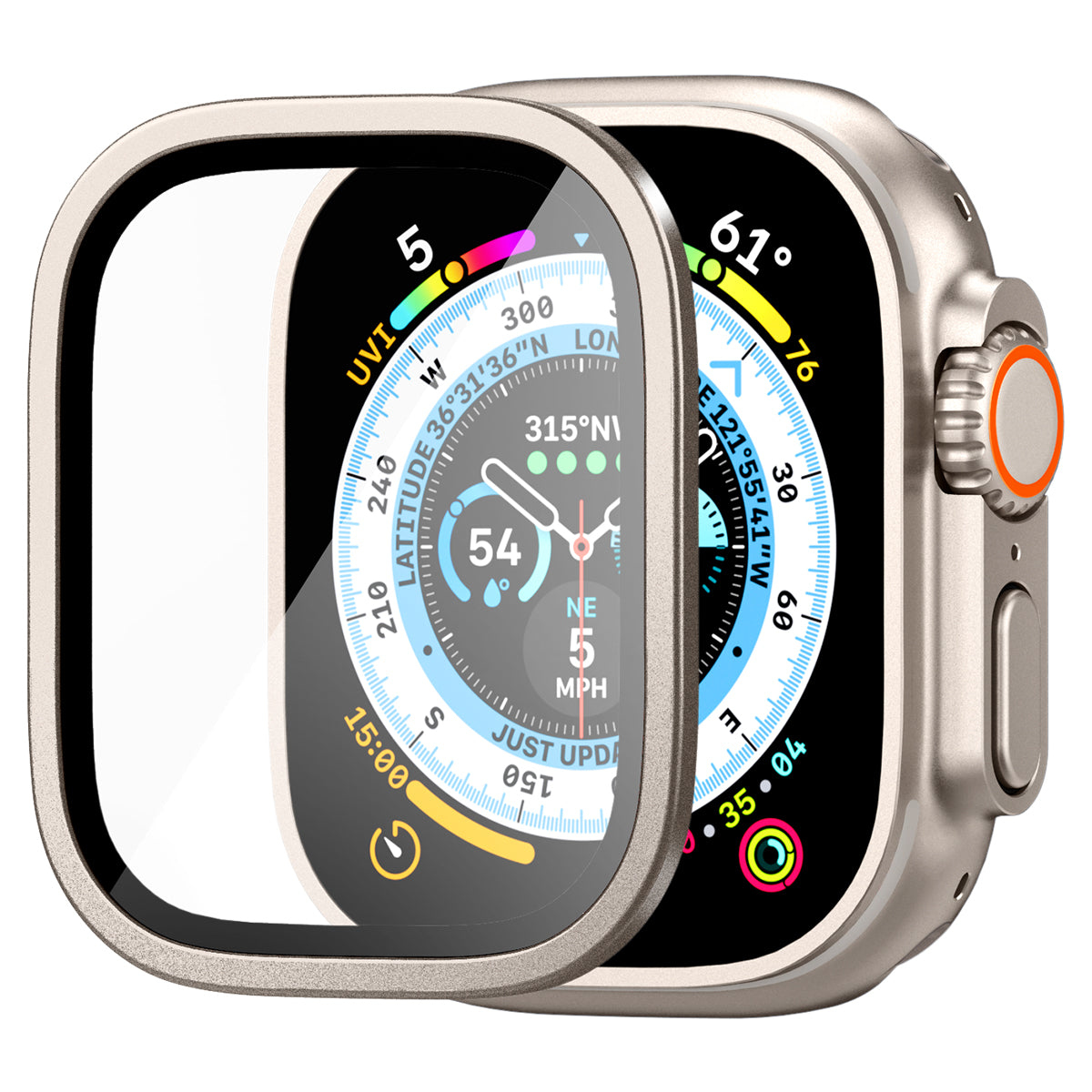 Srebrny smartwatch z przezroczystą osłoną ekranu. Tarcza zegarka wyświetla dane.