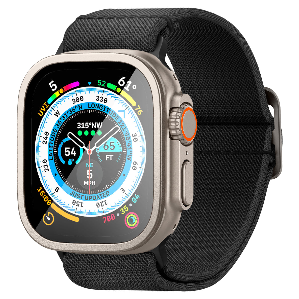 Srebrny i czarny smartwatch z czarnym paskiem. Tarcza zegarka wyświetla dane.