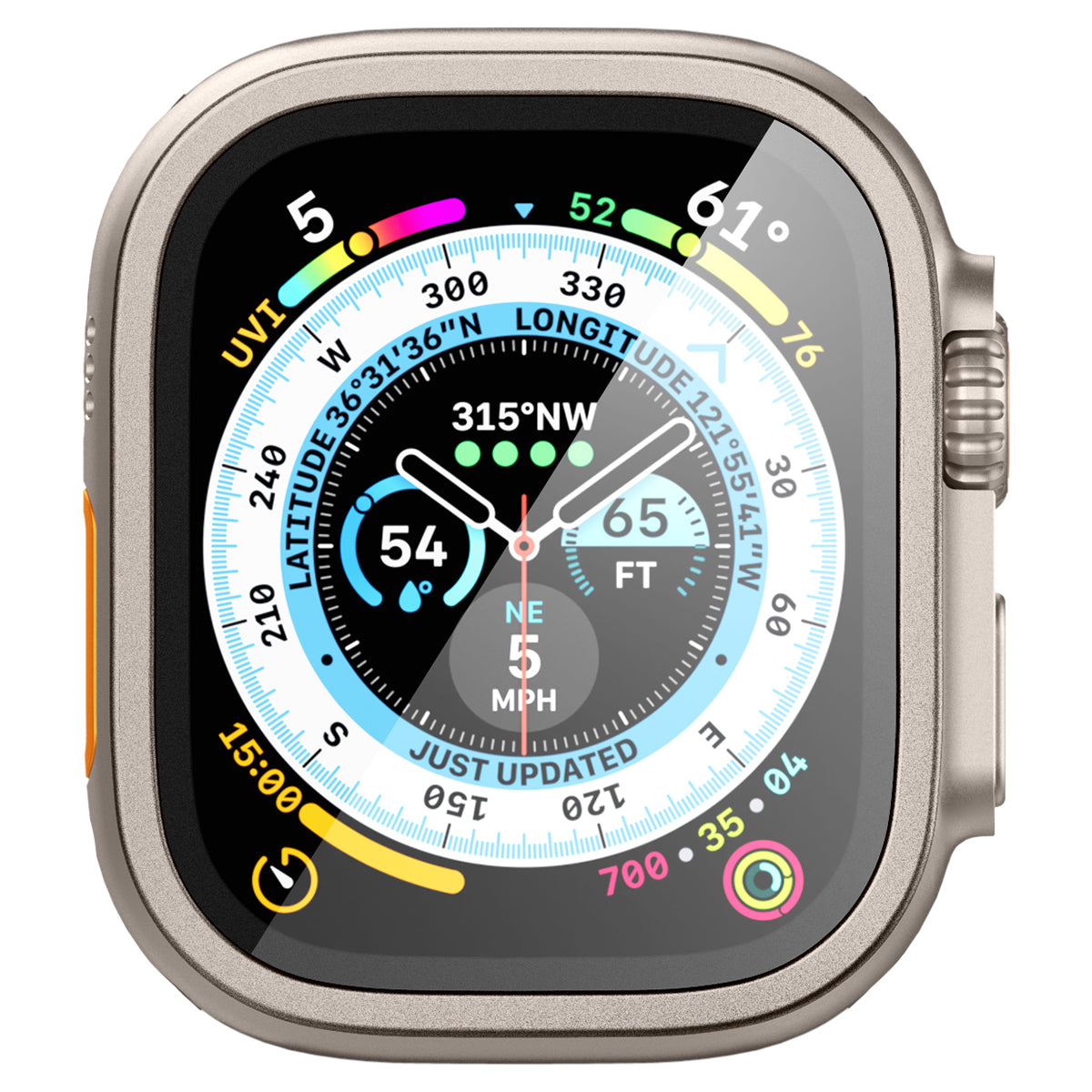 Srebrny smartwatch z tarczą wyświetlającą dane, na białym tle.