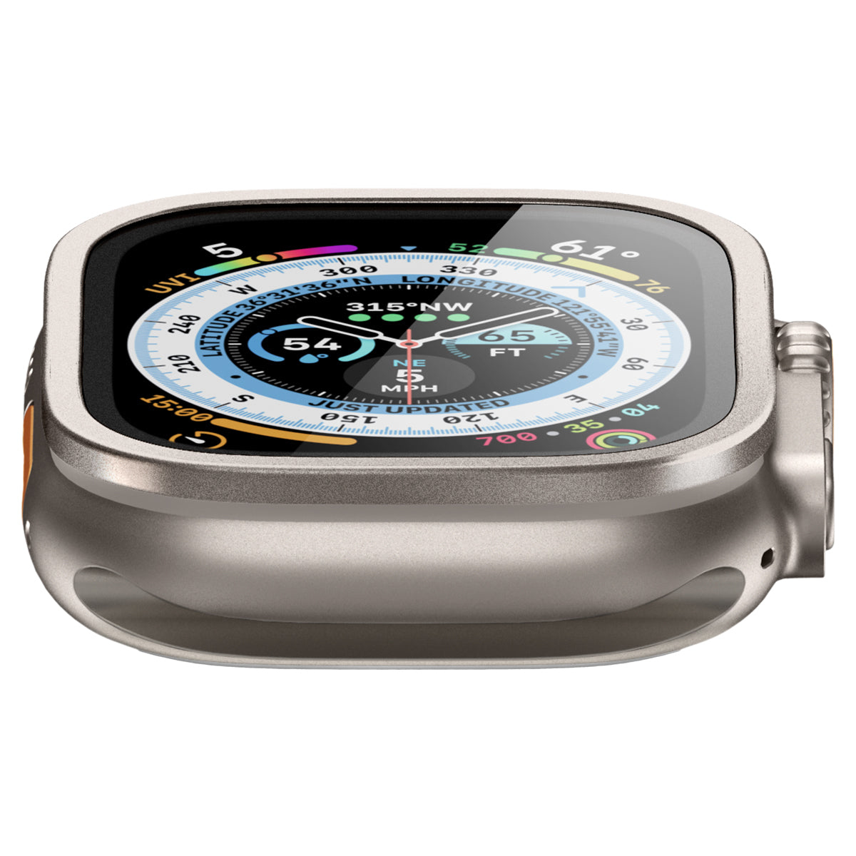 Srebrny smartwatch z tarczą wyświetlającą dane, na białym tle.