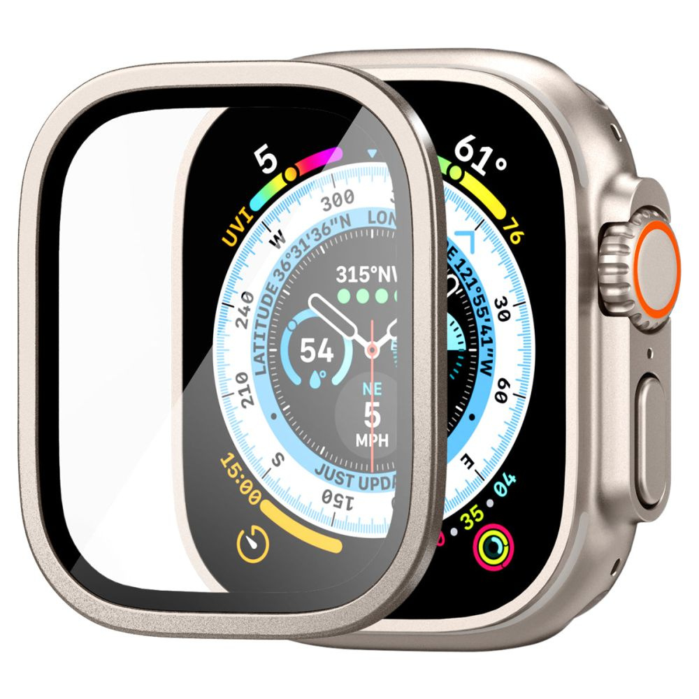 Srebrny smartwatch z przezroczystą osłoną ekranu. Tarcza zegarka wyświetla dane.