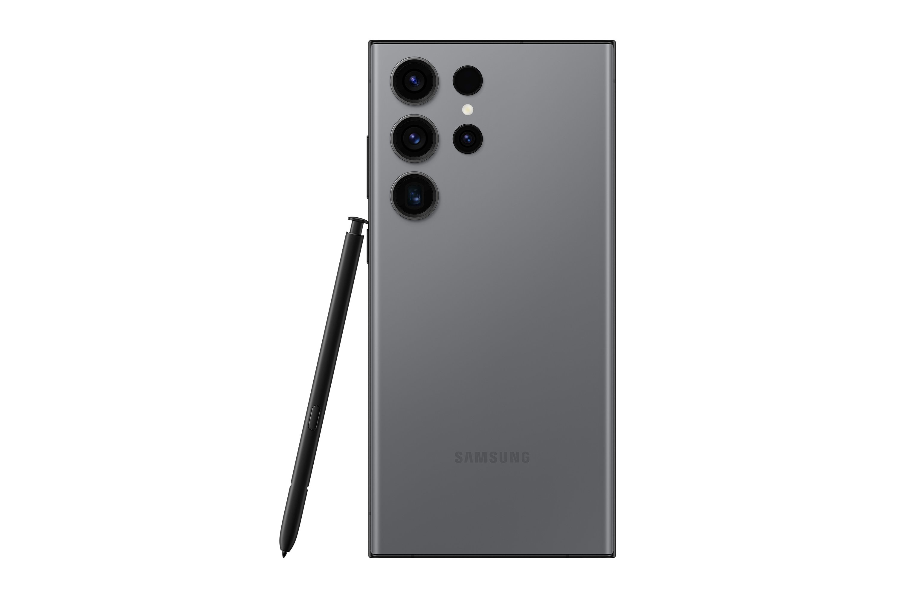 Een grijze smartphone met meerdere camera's aan de achterkant en een stylus, tegen een witte achtergrond.