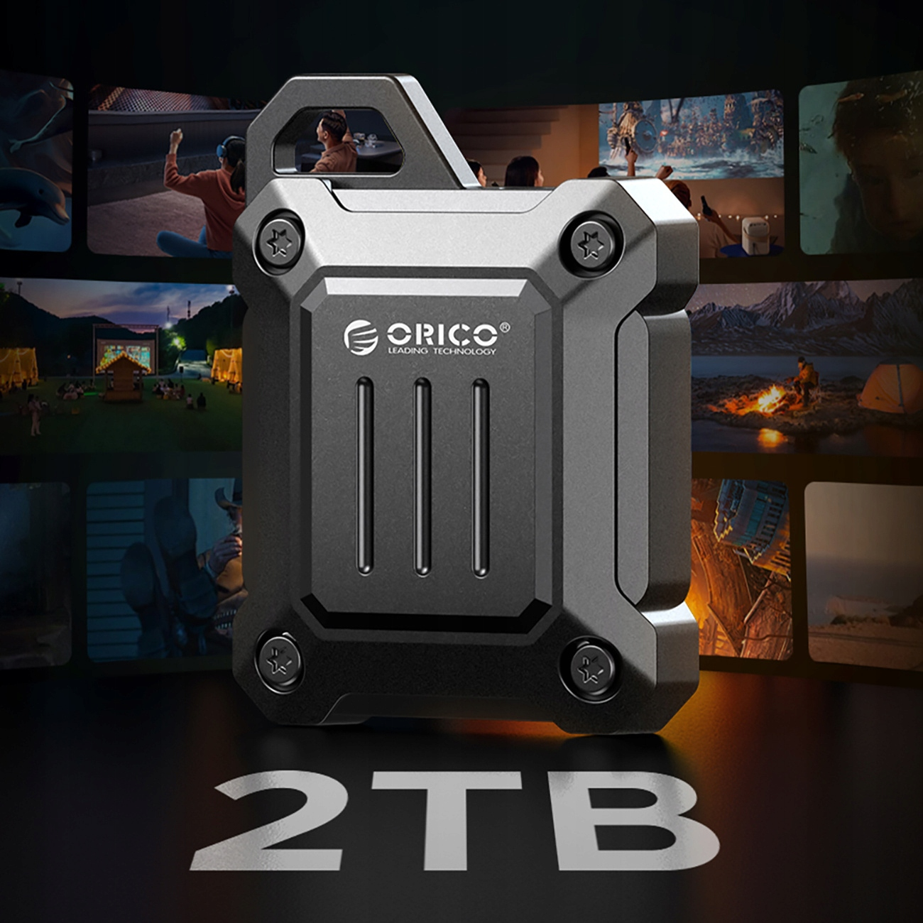 Czarne urządzenie z napisem '2TB' i logo Orico na tle z ekranami.