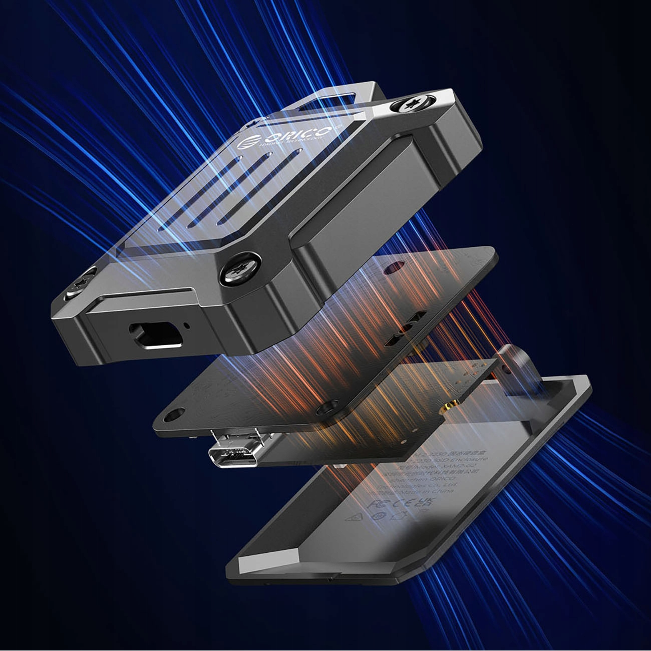 Widok rozstrzelony obudowy SSD. Widoczna nazwa marki „ORICO”. Elementy są rozdzielone.