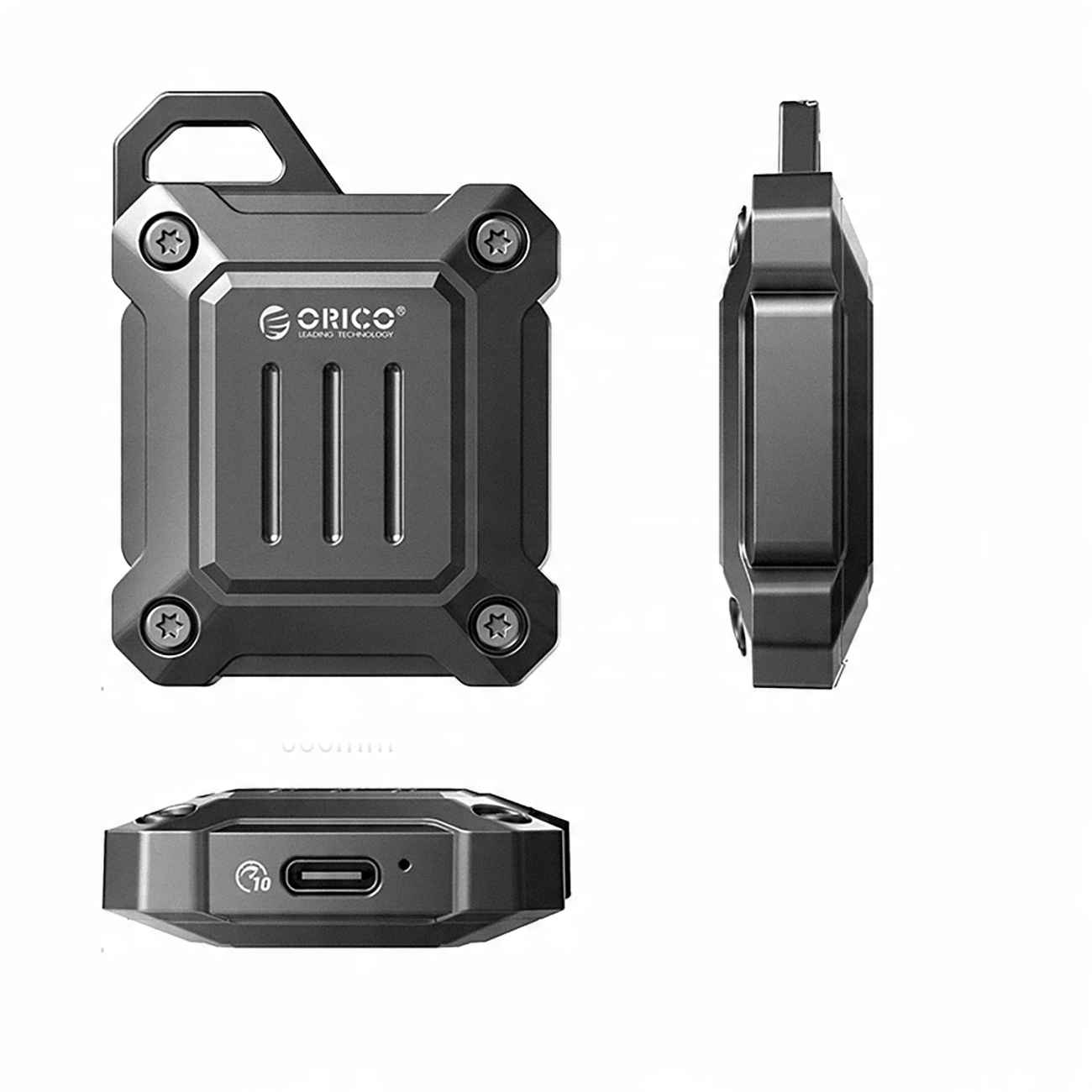 Trzy widoki czarnego zewnętrznego dysku twardego: przód, bok i góra, z widocznymi śrubami.