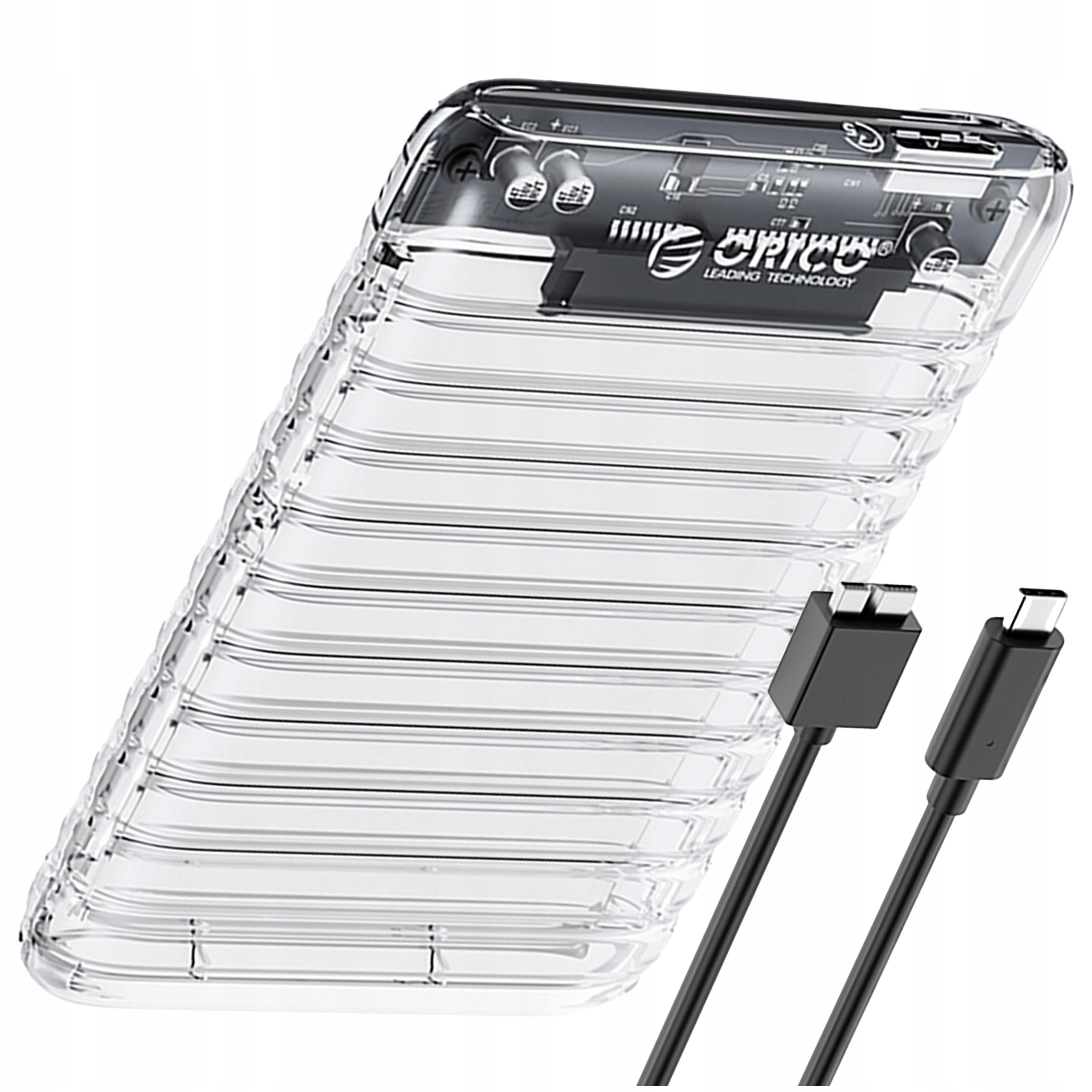 Przezroczysta zewnętrzna obudowa dysku twardego z kablami.