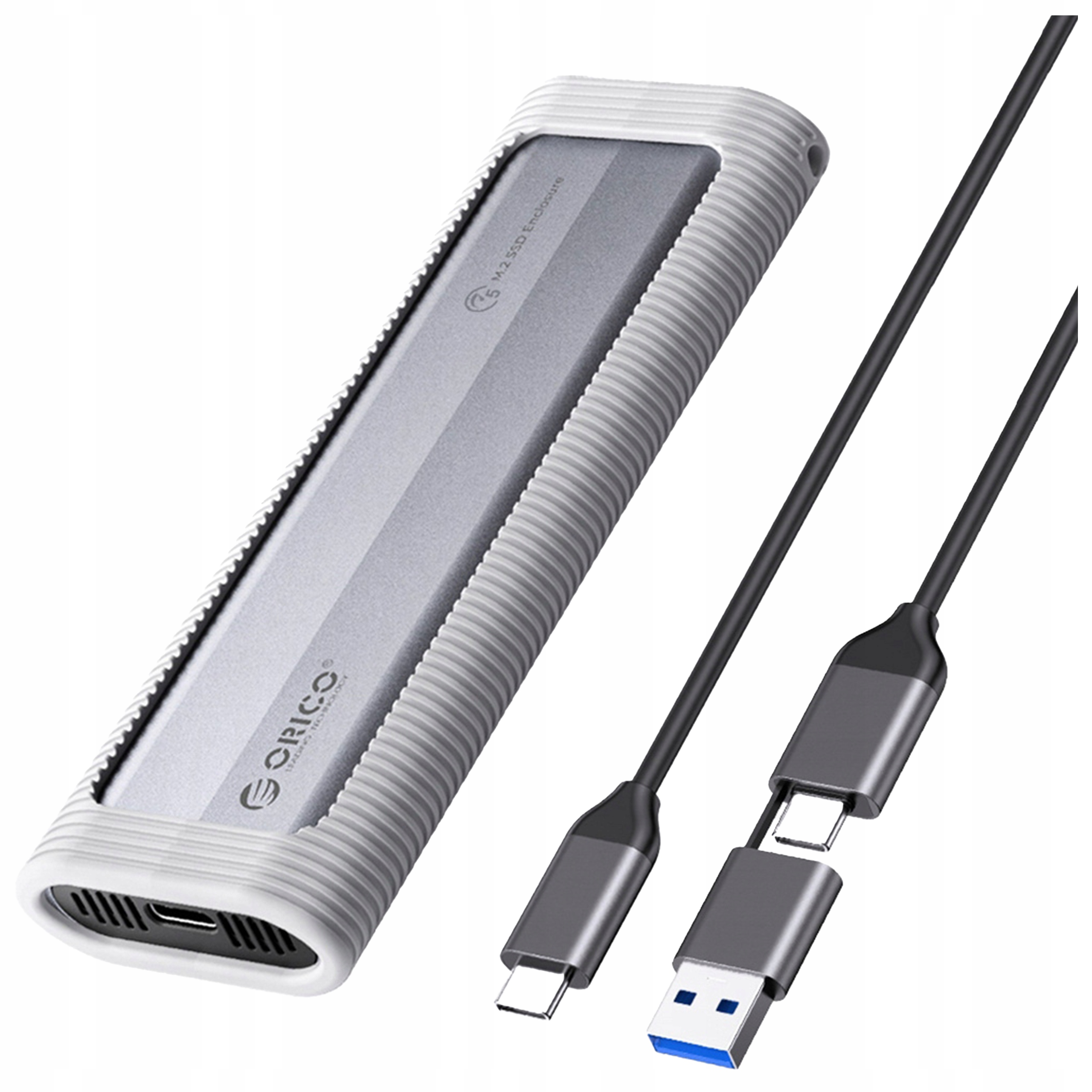 Srebrna obudowa dysku twardego z białą osłoną ochronną i kablami.