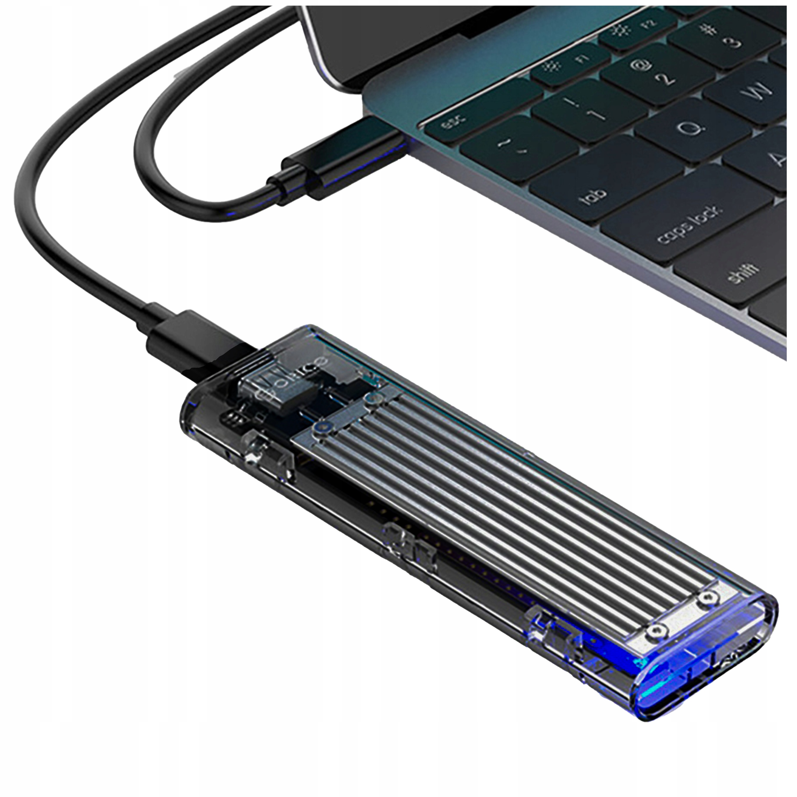 Przezroczysta zewnętrzna obudowa dysku twardego podłączona do laptopa.