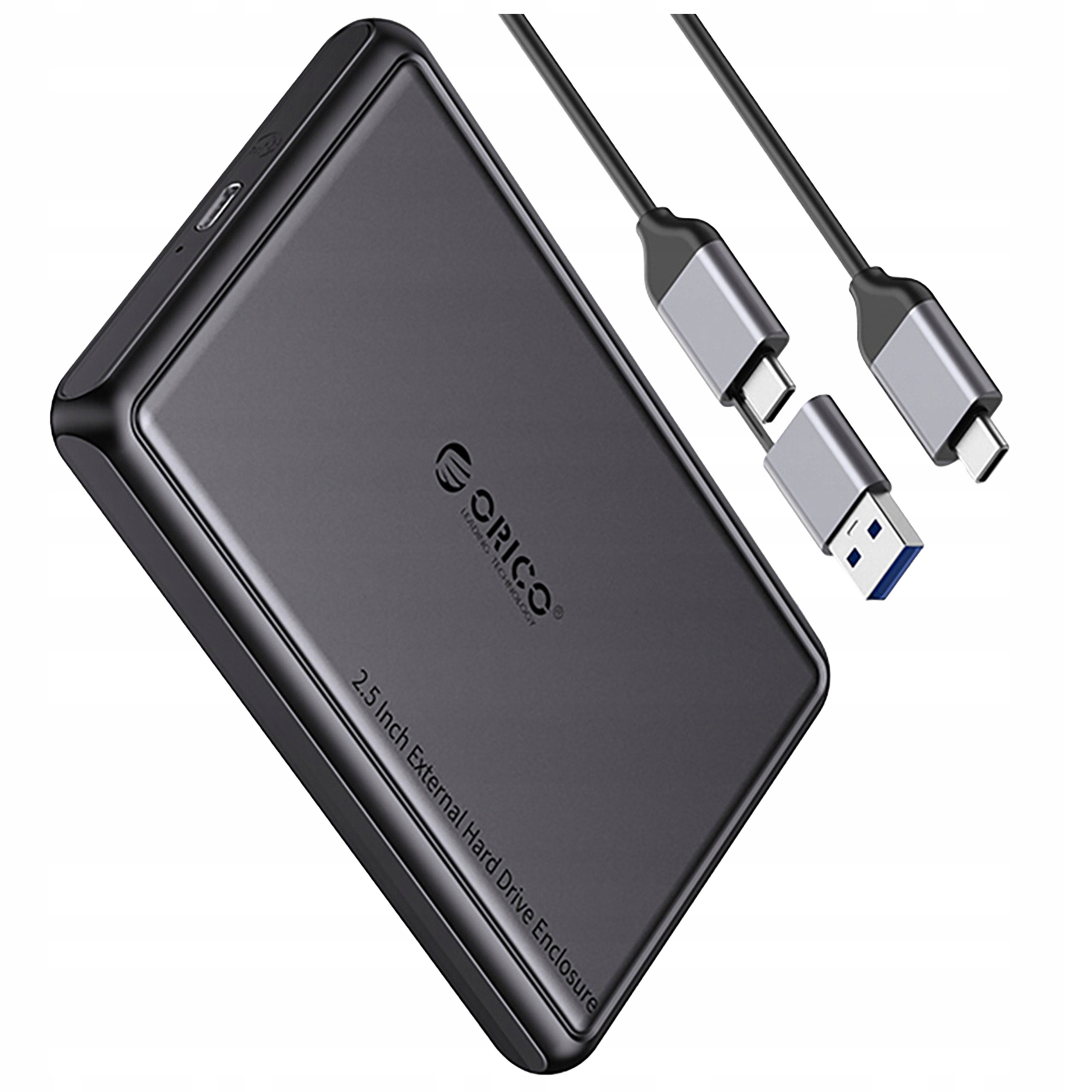 Czarna zewnętrzna obudowa dysku twardego z dwoma kablami.