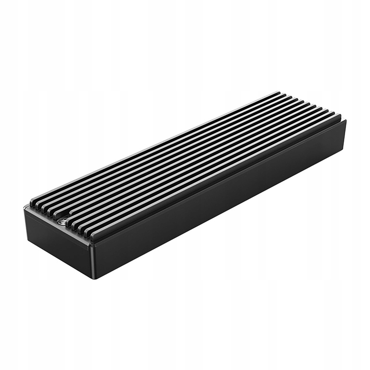 Czarny metalowy radiator Nvme SSD ze srebrnymi żebrami. Radiator leży na białej powierzchni.