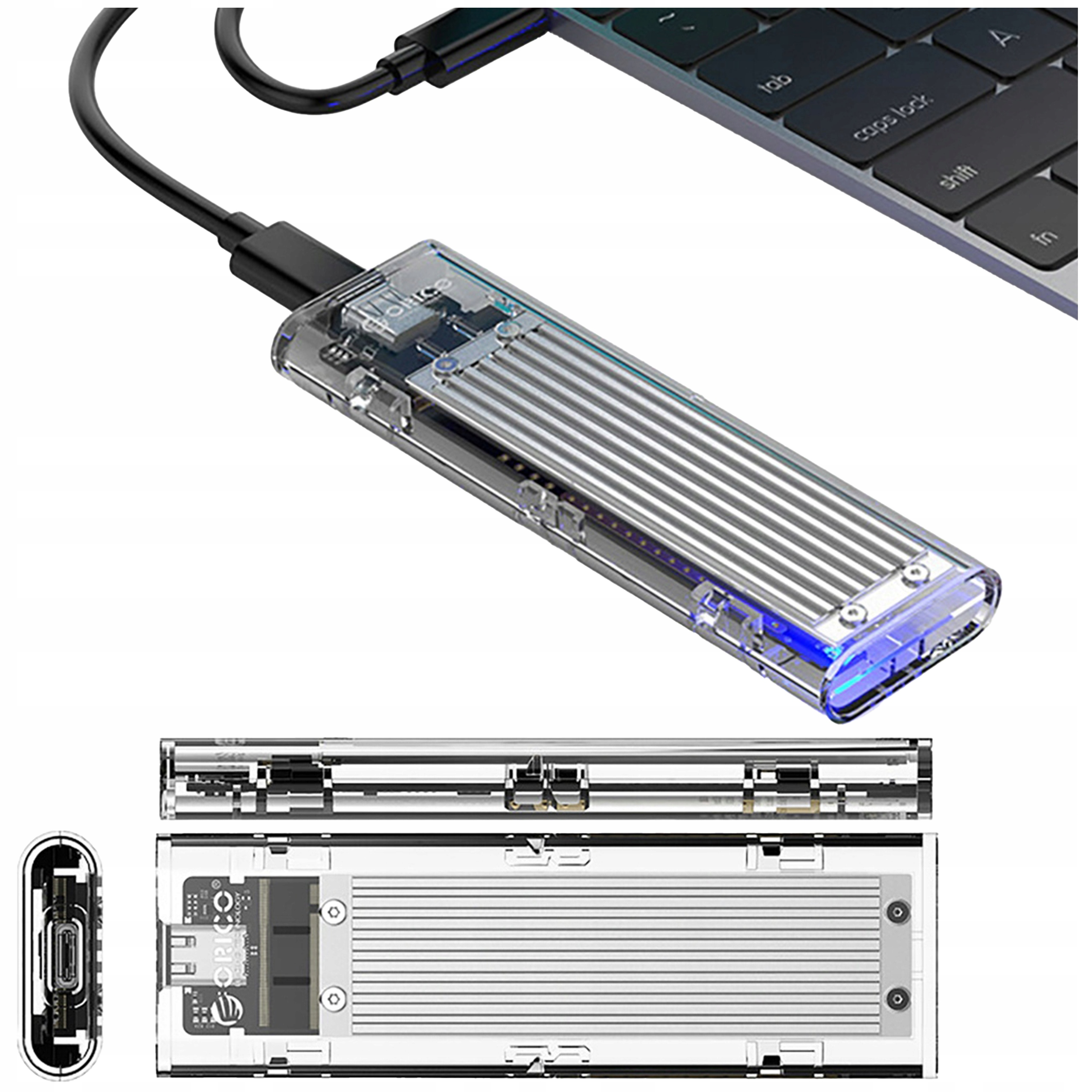 Przezroczysta obudowa SSD z kablem USB podłączonym do laptopa.