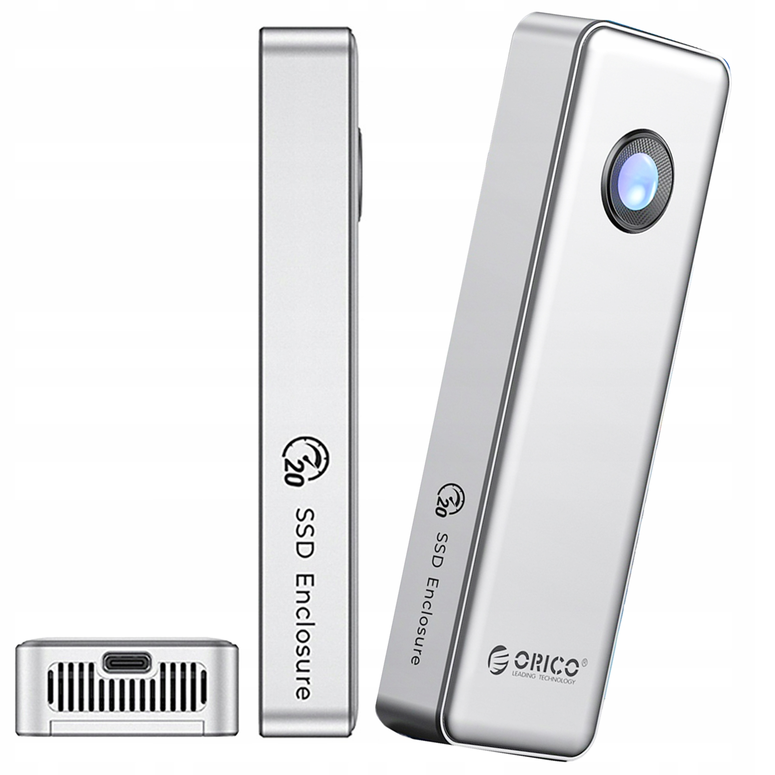 Trzy widoki srebrnej obudowy SSD. Prezentowany jest widok z przodu, z boku i od dołu.