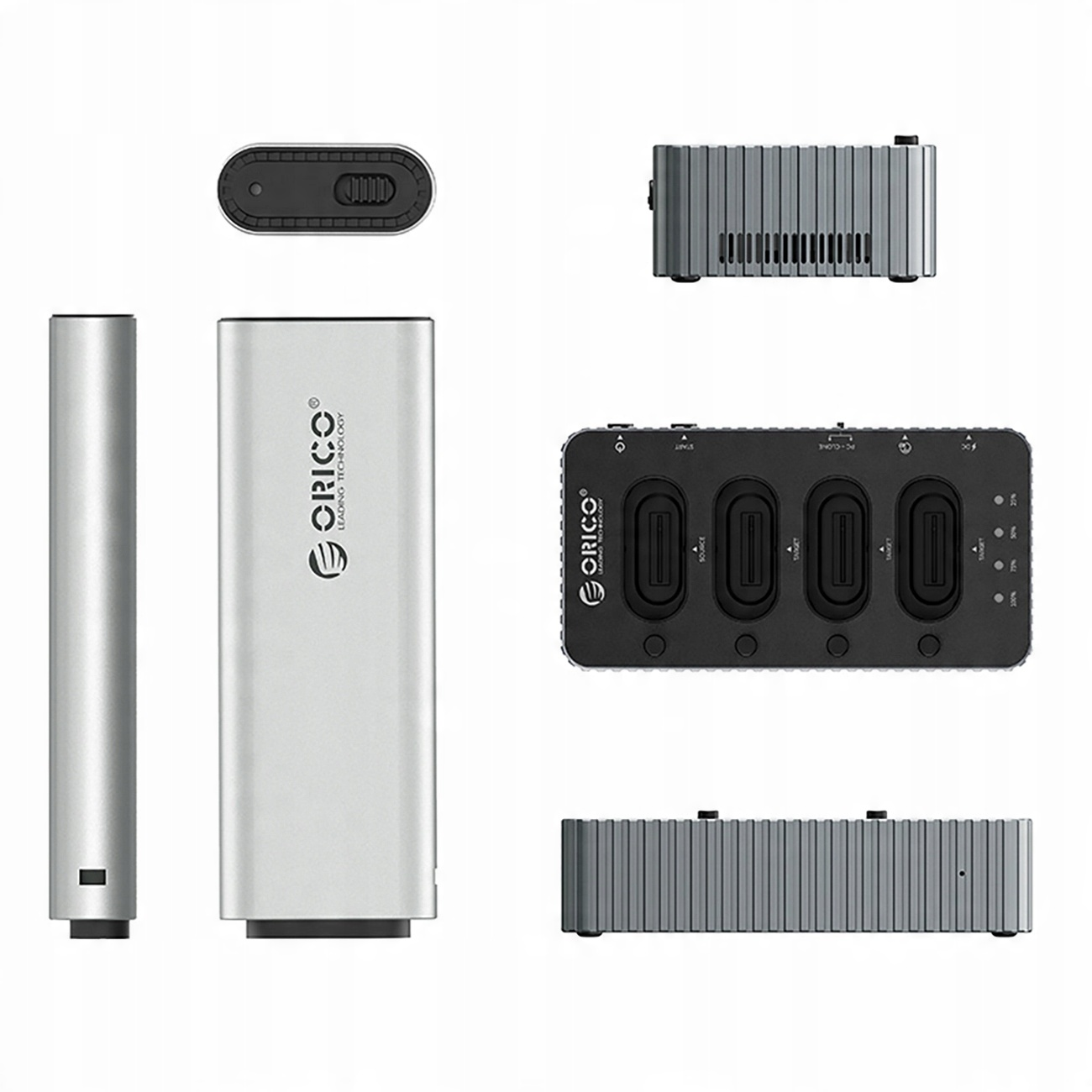 Wiele widoków srebrnej obudowy z dodatkową srebrną obudową, czarną podstawą i czarną obudową.