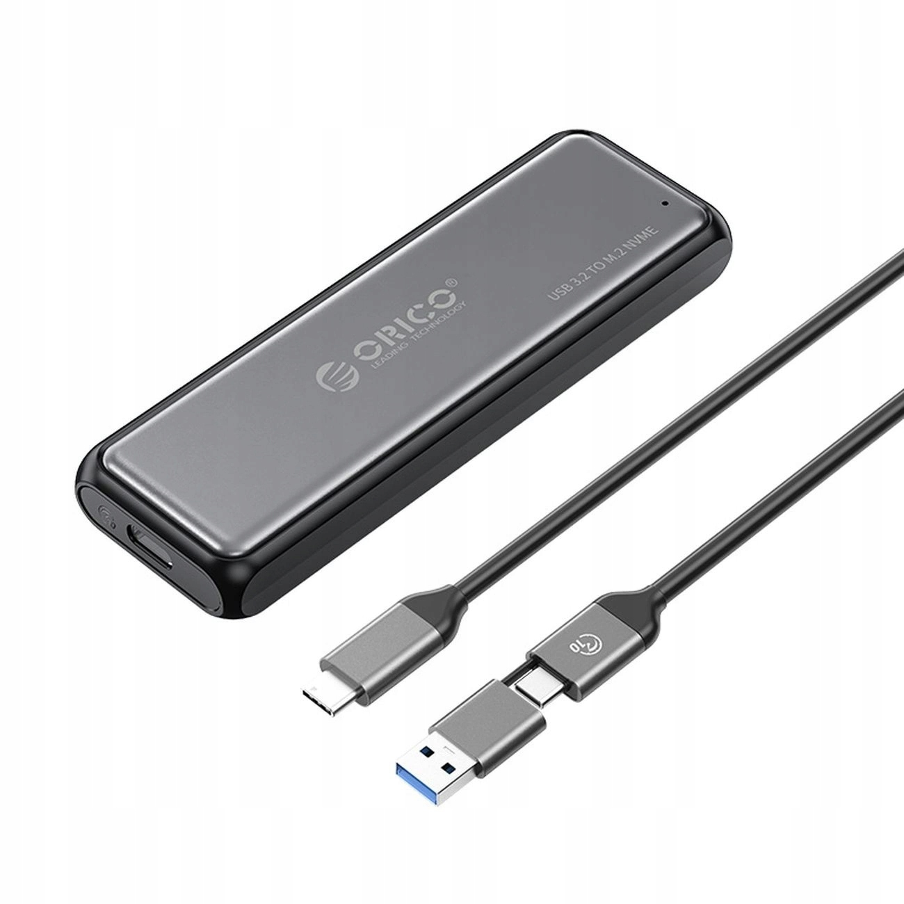 Czarno-szare urządzenie z kablem i złączami USB i USB-C, z logo ORICO.