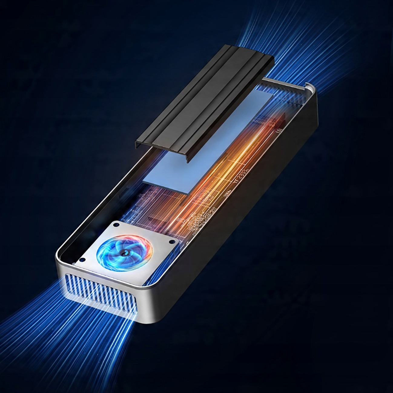 Otwarty czarny i srebrny element komputera z niebieskimi wentylatorami chłodzącymi.