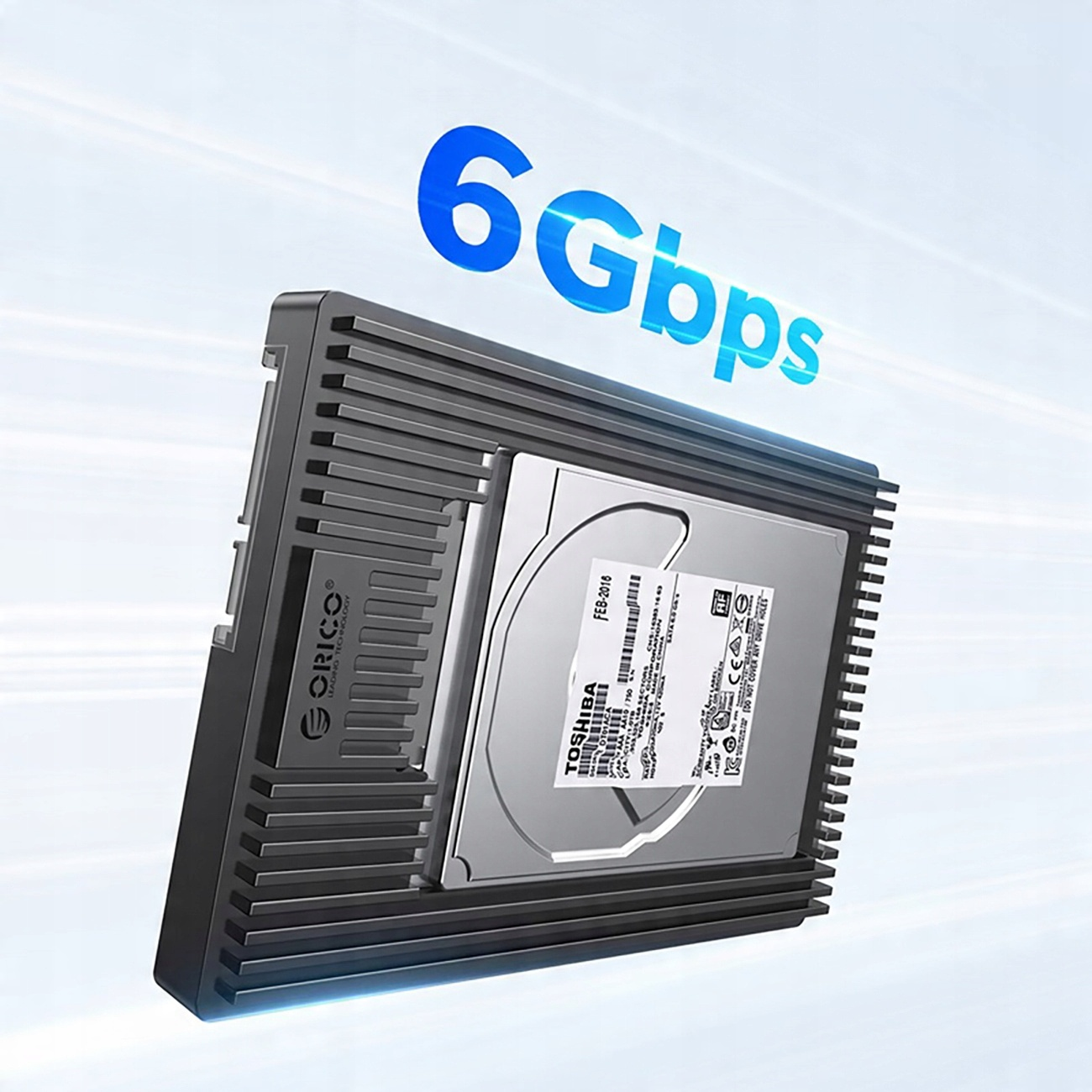 Czarna obudowa dysku twardego z dyskiem twardym w środku, z tekstem '6Gbps' powyżej.