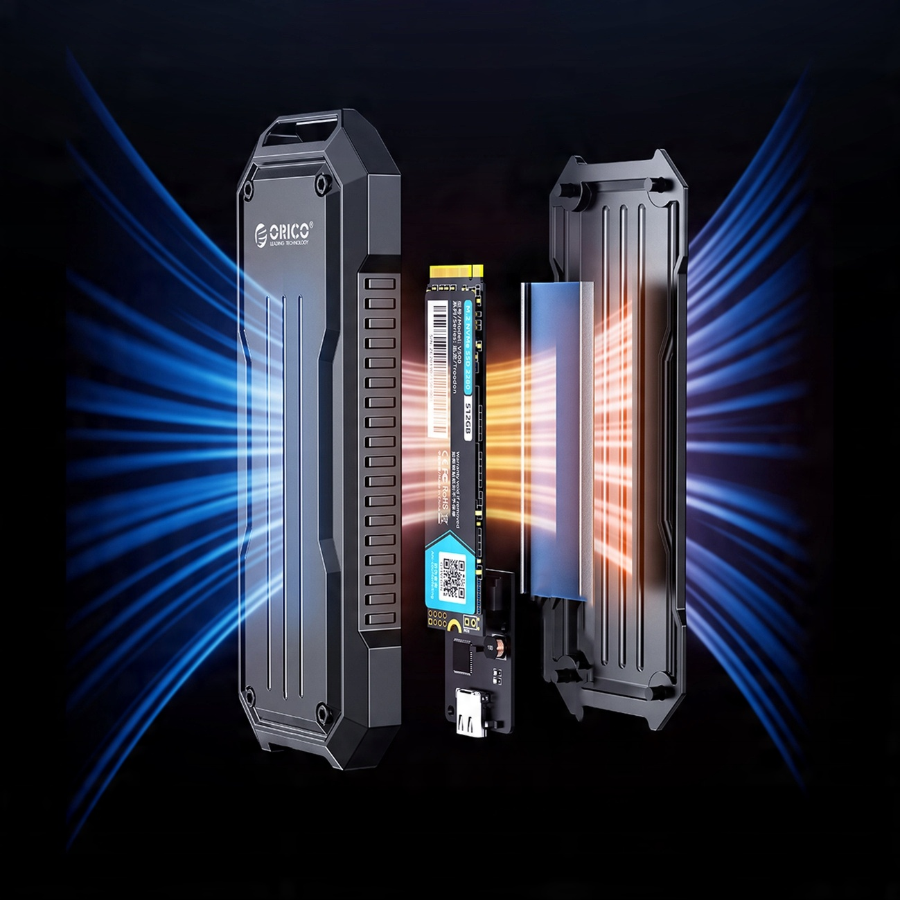 Czarna i szara obudowa dysku twardego, zdemontowana, pokazująca elementy wewnętrzne. Efekty niebieskiego światła w tle.