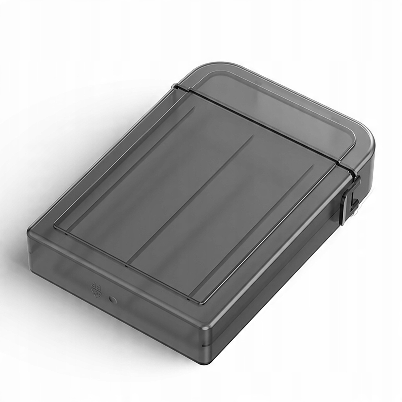 Przezroczysta, prostokątna obudowa dysku twardego. Obudowa jest zamknięta, z małą zatrzaskiem z boku.