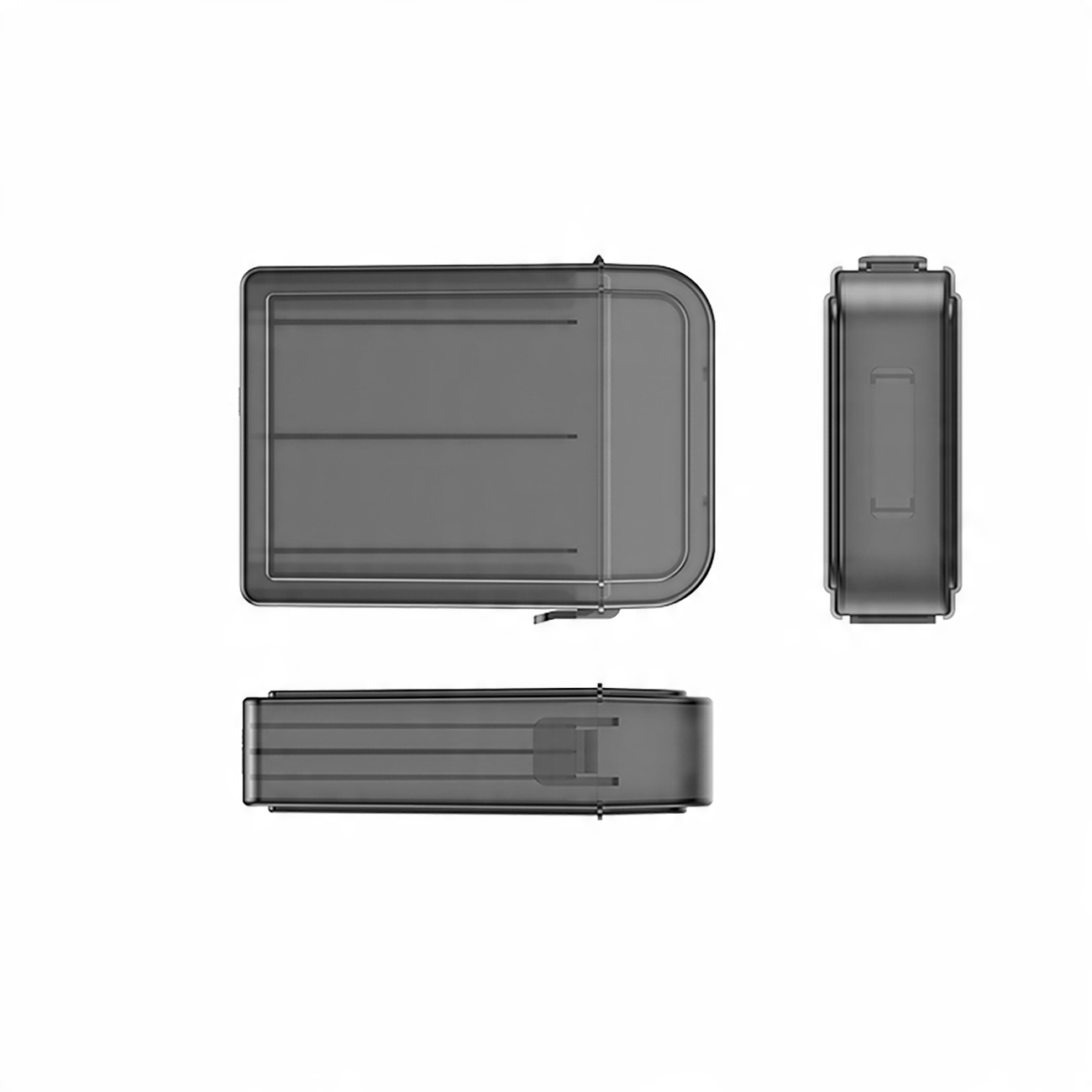 Trzy widoki przezroczystej obudowy dysku twardego: z góry, z boku i z przodu. Obudowa jest pusta.