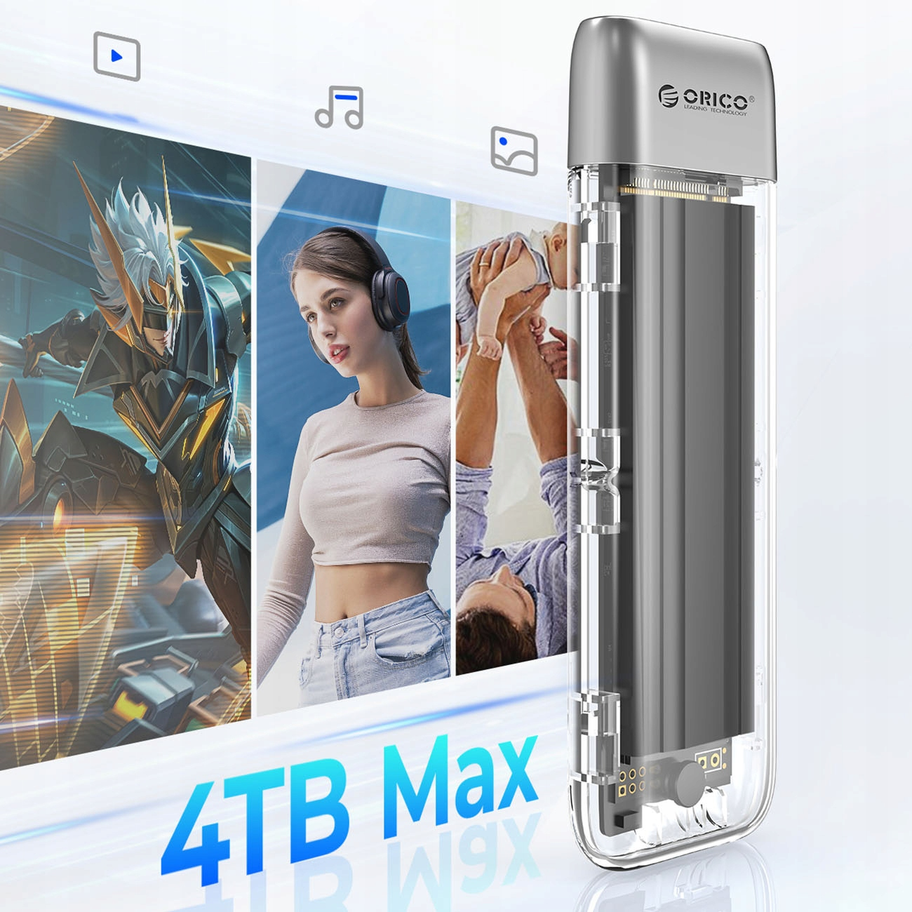 Srebrny zewnętrzny dysk twardy ze zdjęciami ludzi i ikonami.