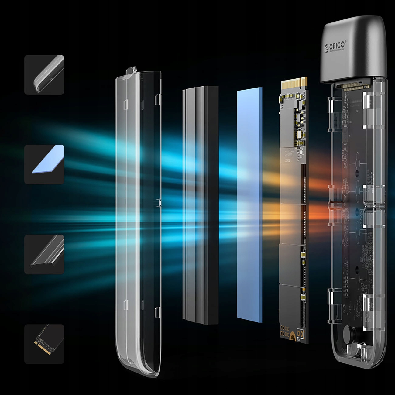 Widok rozłożony przezroczystej obudowy, z elementami oddzielonymi od siebie.